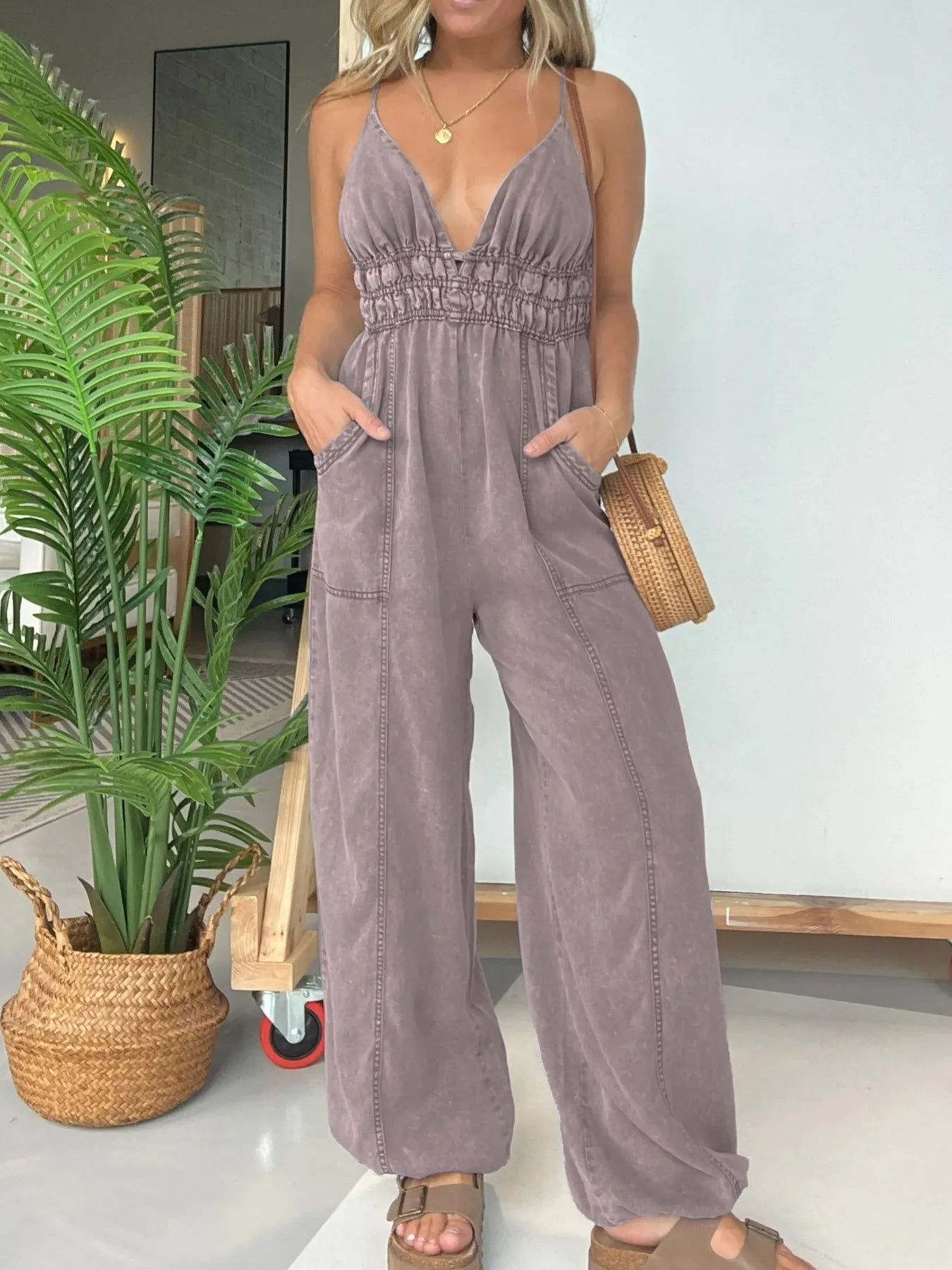 Full Size Wide Leg Spaghetti Strap Jumpsuit Plus Size Gray Purple Easy Apparels