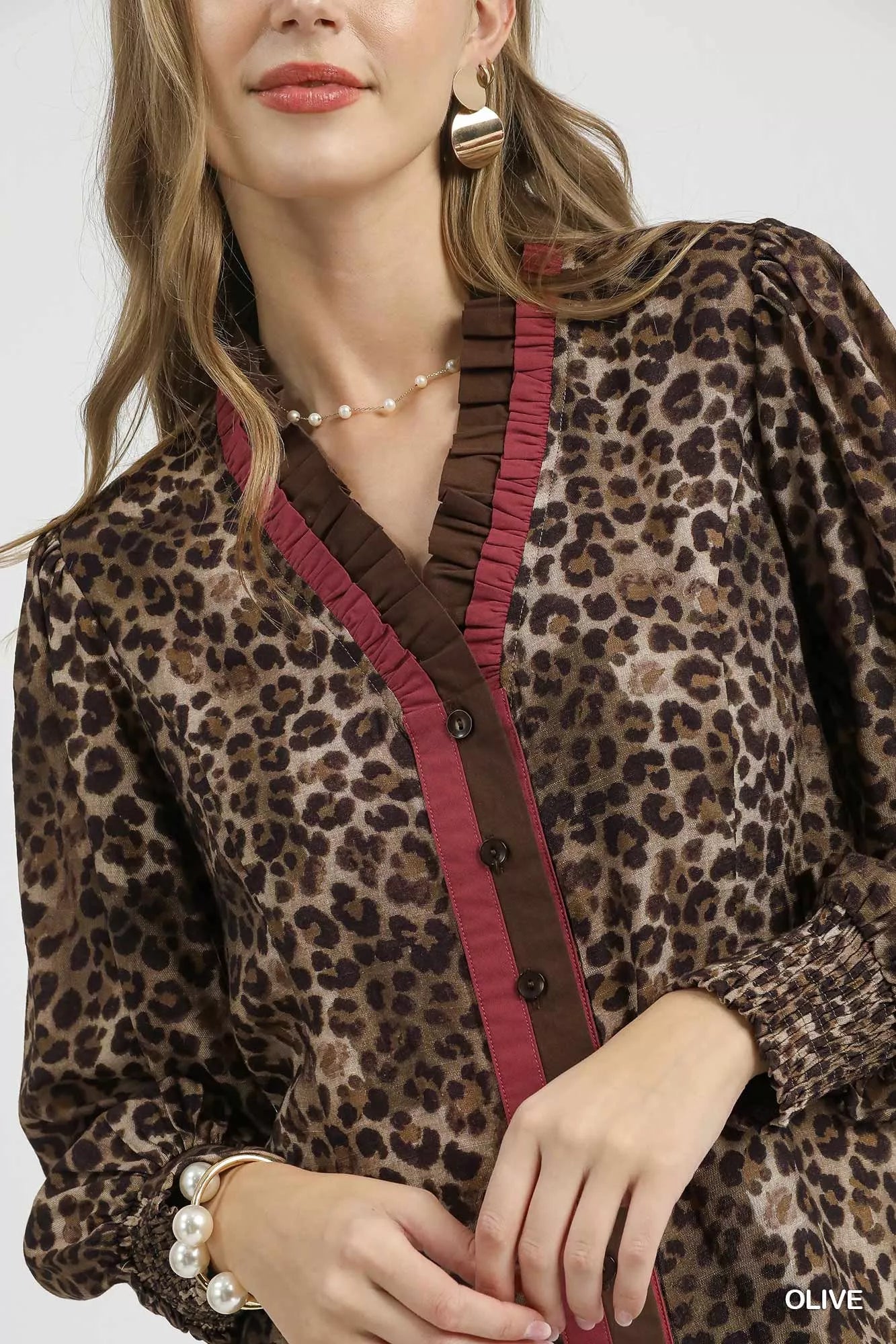 Umgee Ruffle Trim Leopard Print Shirt Easy Apparels