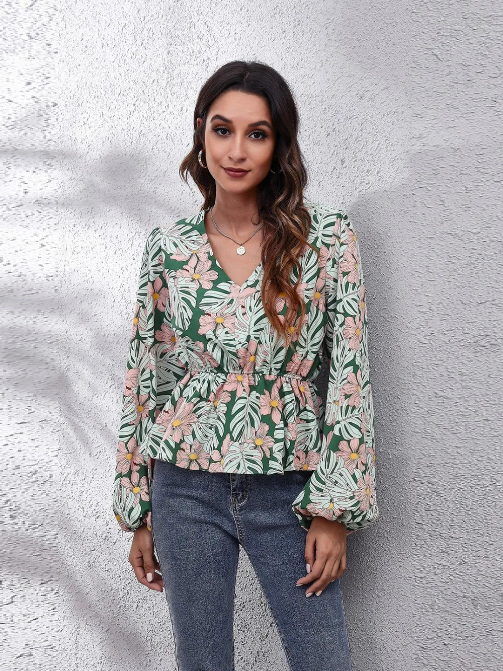 Trendsi Floral V-Neck Balloon Sleeve Peplum Blouse Green