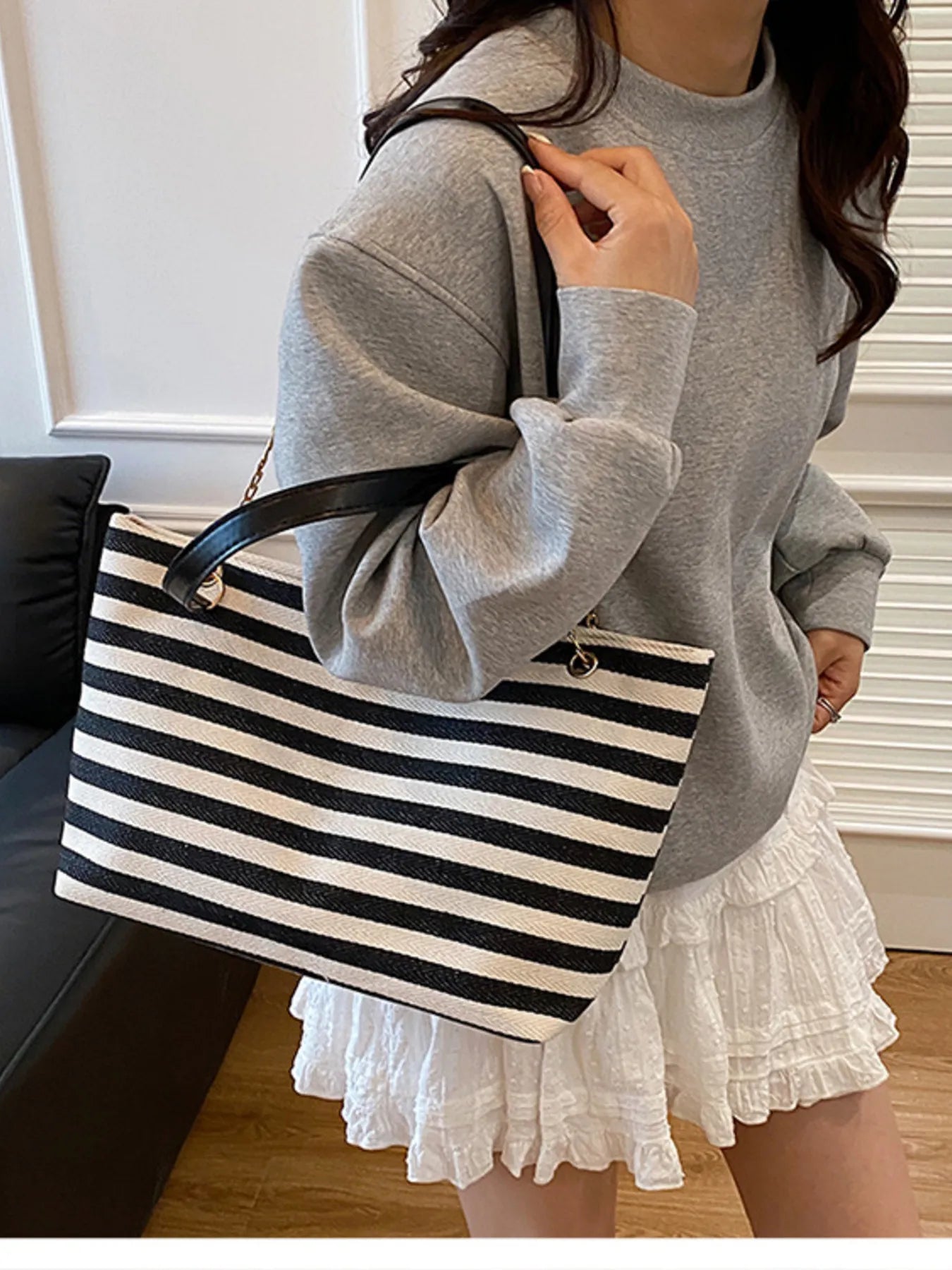 Striped Shoulder Bag with Chain Detail Black One Size Easy Apparels