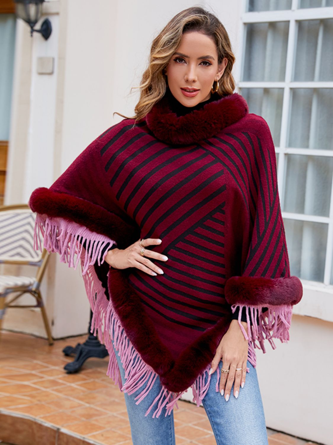Striped Fringe Hem Poncho Easy Apparels
