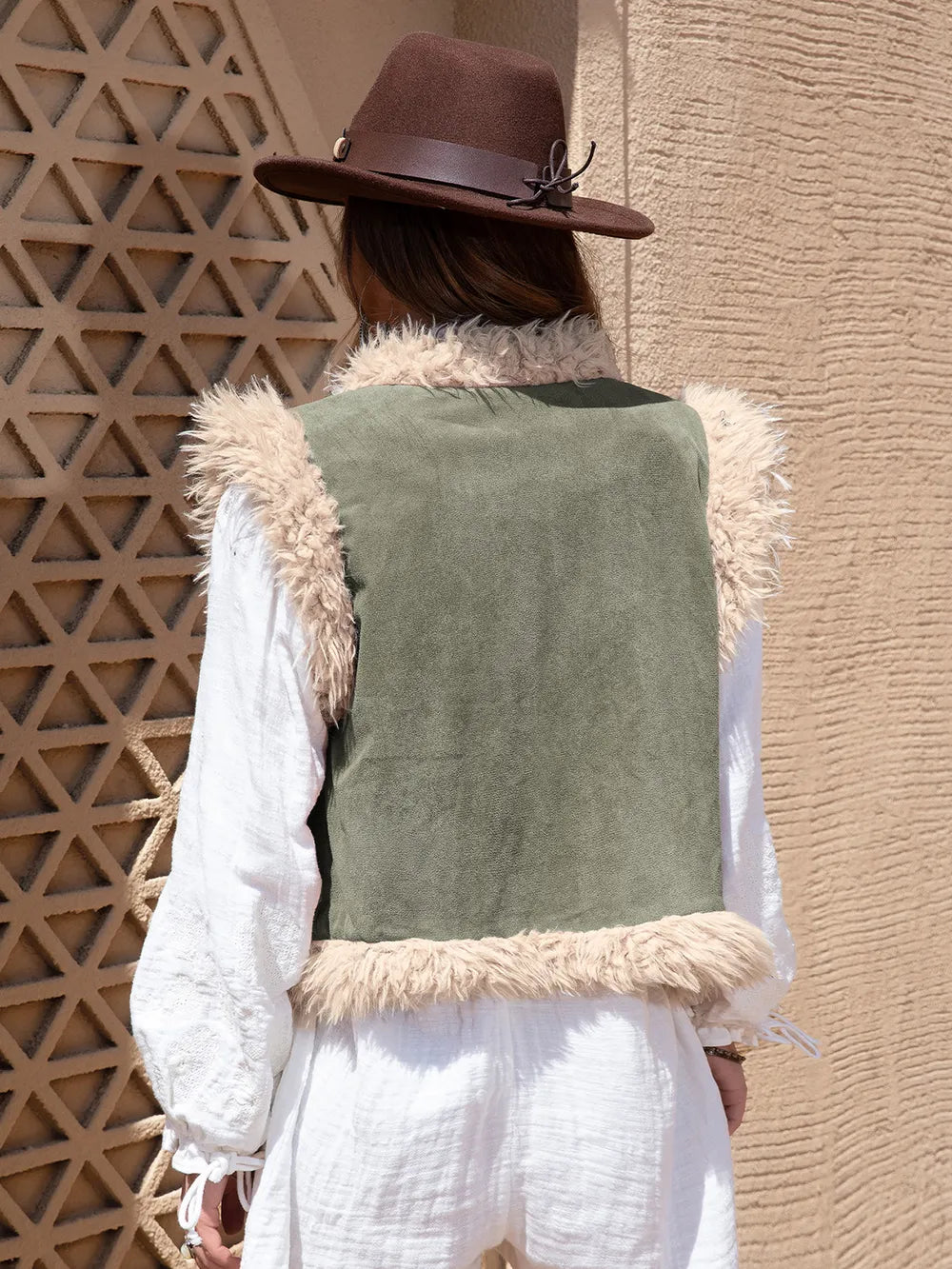 Fuzzy Trim Open Front Vest Coat Easy Apparels