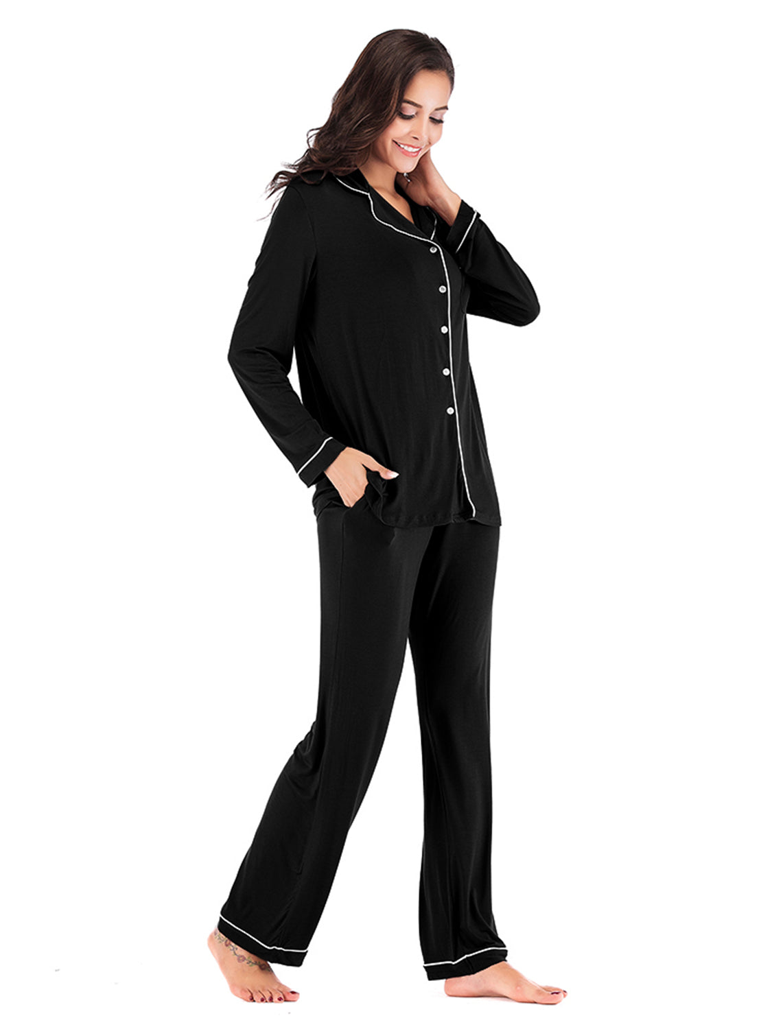 Collared Neck Long Sleeve Loungewear Set with Pockets Easy Apparels