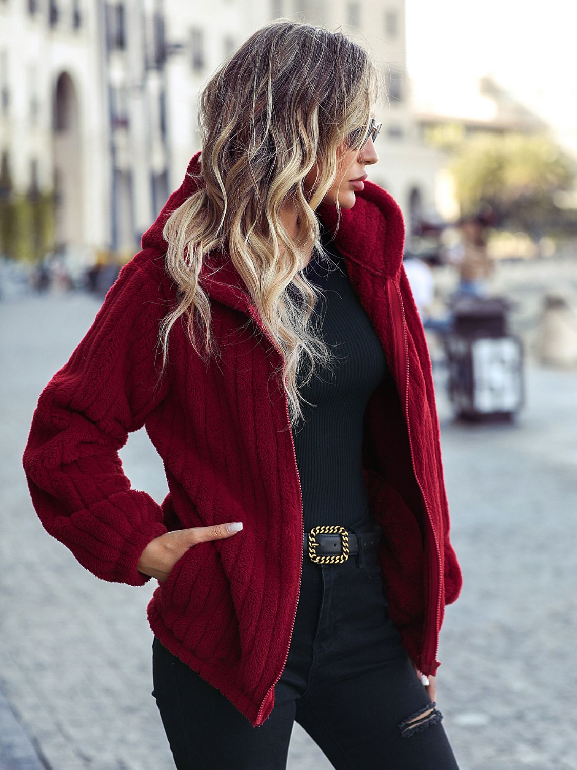 Zip-Up Hooded Jacket with Pockets Easy Apparels