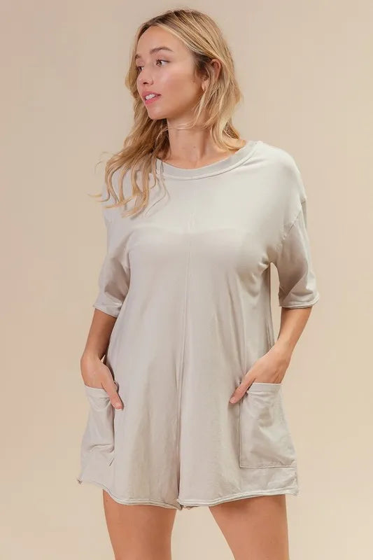 BiBi Short Sleeve Back Open Washed Romper Easy Apparels