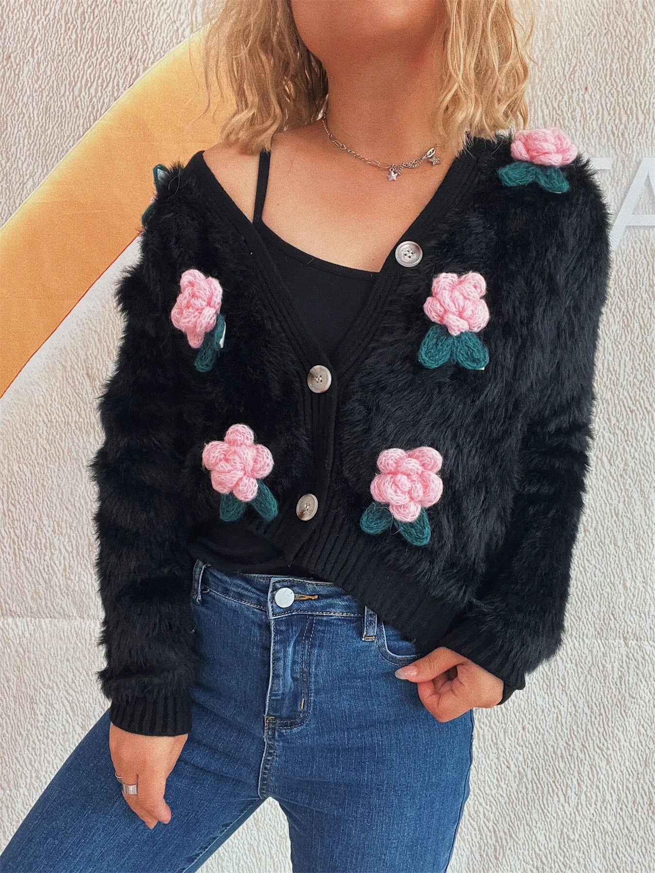 Flower Fuzzy Button-Up Cardigan Easy Apparels