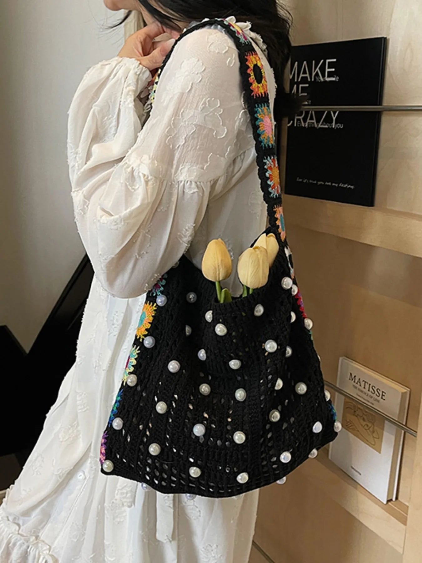 Colorful Beaded Crochet Shoulder Bag Black onesize Easy Apparels