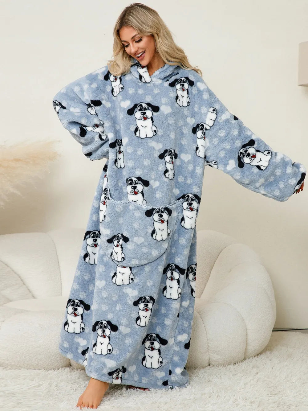Fuzzy Pocketed Long Sleeve Hooded Lounge Dress Easy Apparels