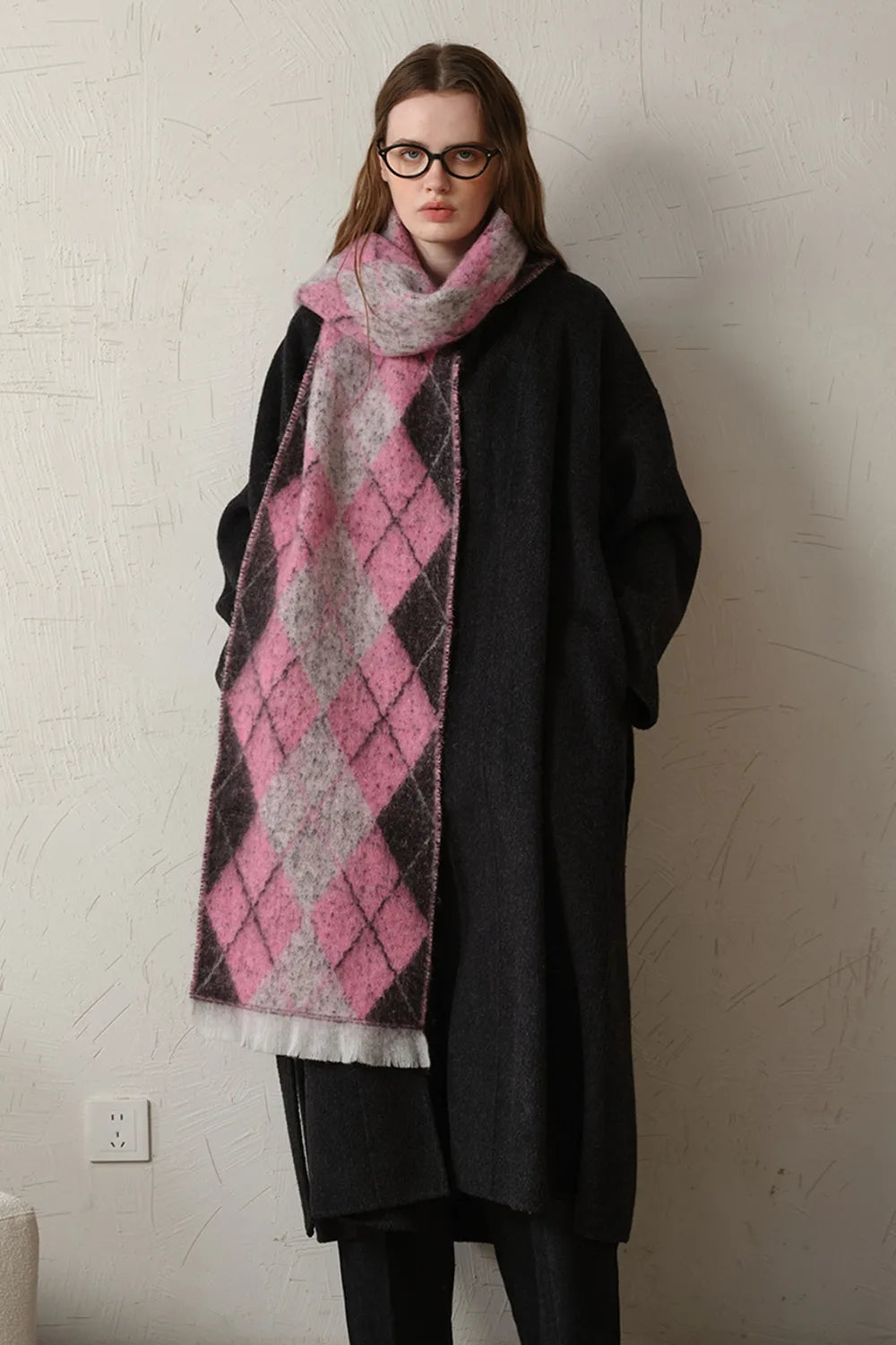 Fringe Argyle Polyester Scarf Hot Pink One Size Easy Apparels