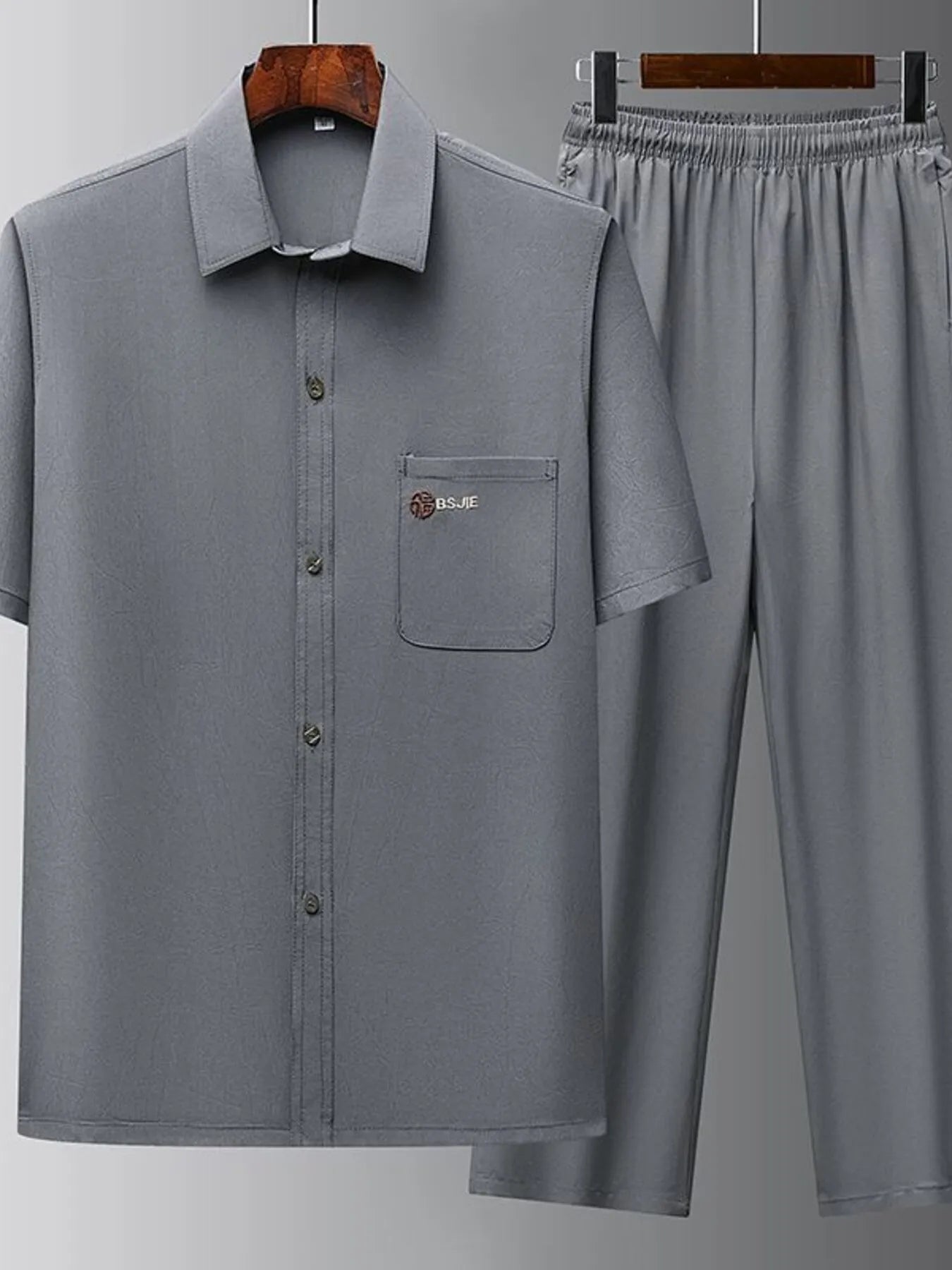 Men's Full Size Button Up Short Sleeve Top and Pants Set Plus Size Dark Gray Easy Apparels