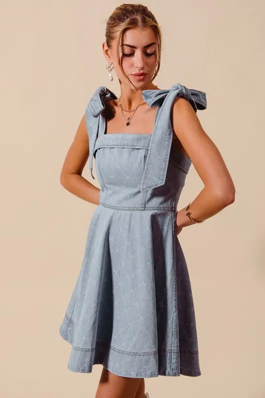 SO ME A Line Fit and Flare Diamond Bow Ribbon Denim Dres Easy Apparels