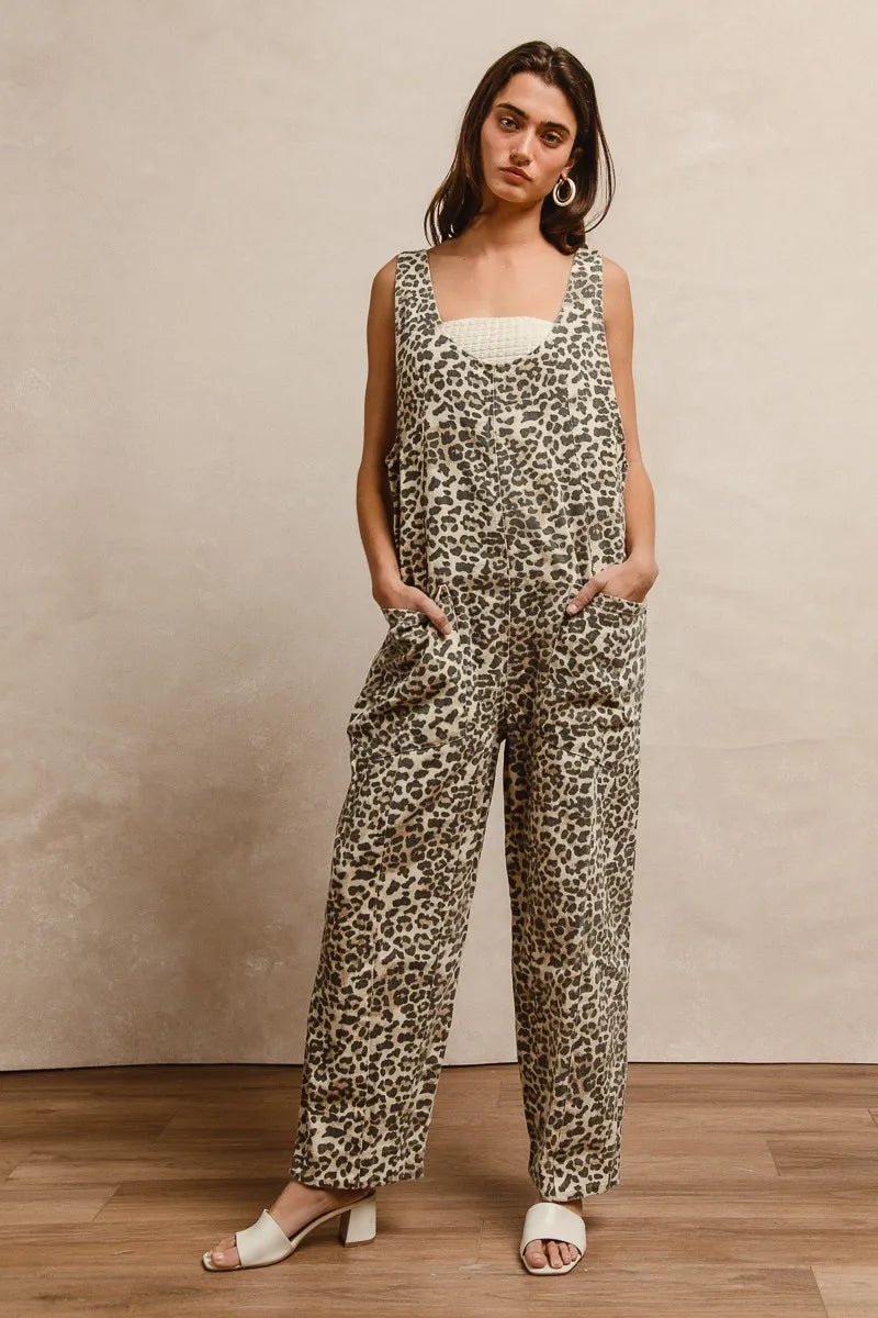 BiBi Leopard Print Adjustable Strap U Neck Jumpsuit LEOPARD Easy Apparels