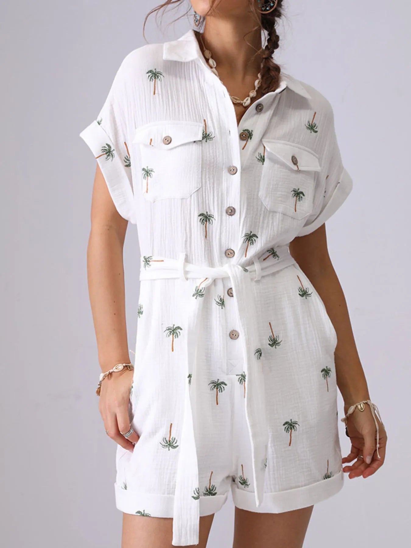 Palm Tree Print Short Sleeve Button-Up Romper with Belt Easy Apparels