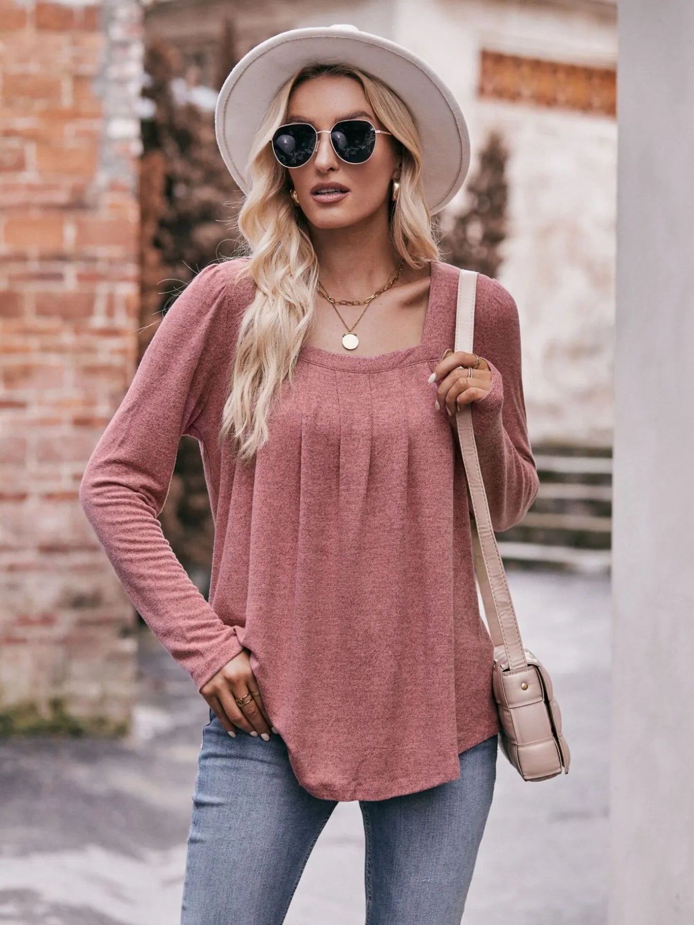 Trendsi Square Neck Long Sleeve T-Shirt Dusty Pink