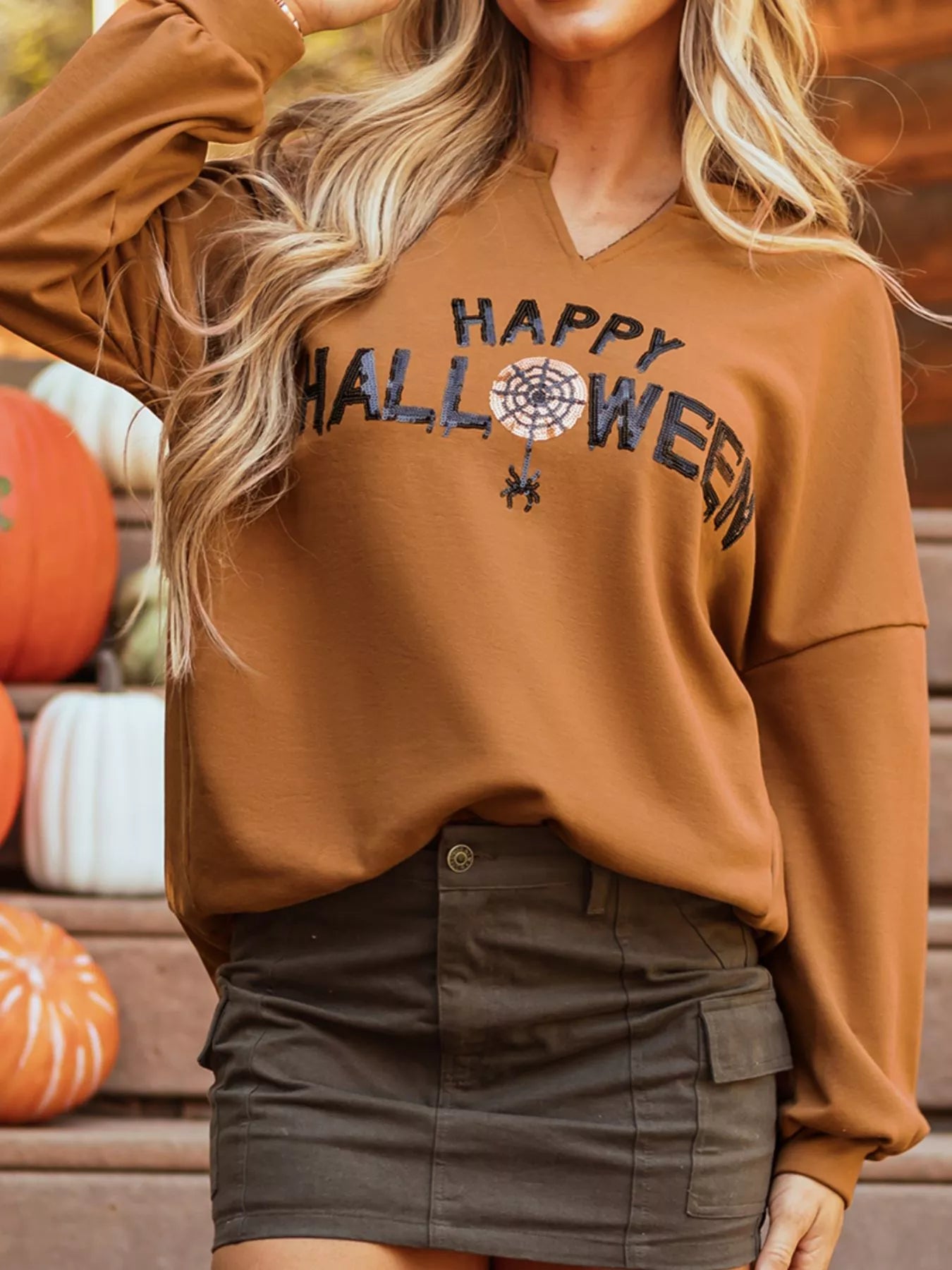 Happy Halloween Graphic Notched Long Sleeve Loose Top Easy Apparels