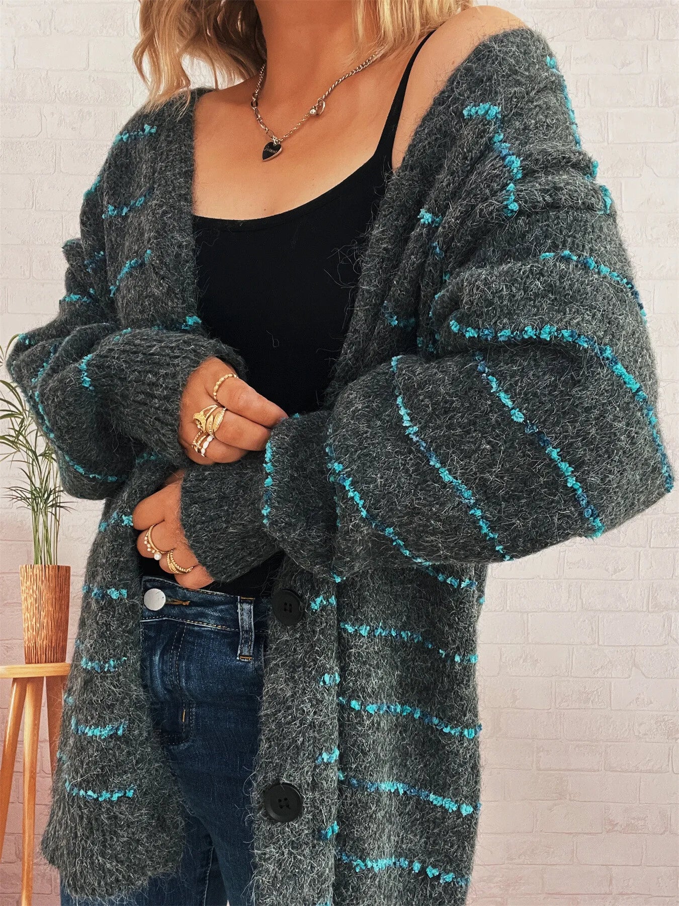 Striped Button-Up Cardigan with V-Neck Design Easy Apparels