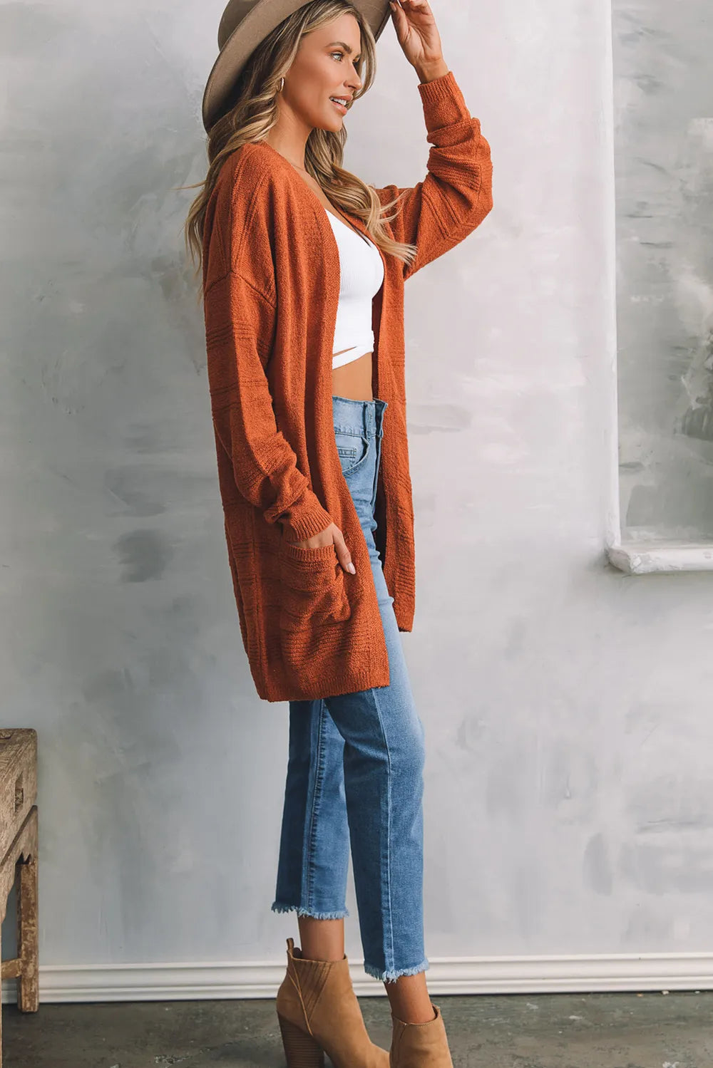 Open Front Textured Cardigan with Pockets Easy Apparels