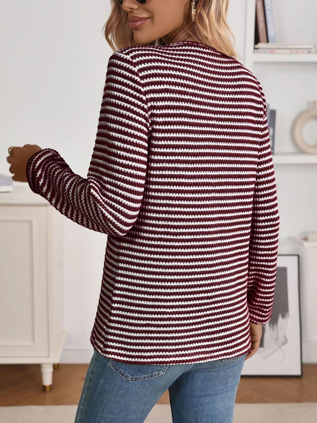 Trendsi Striped Button Detail Long Sleeve Top