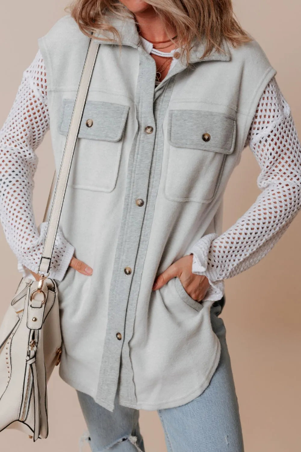 Pocketed Curved Hem Button Up Vest Easy Apparels