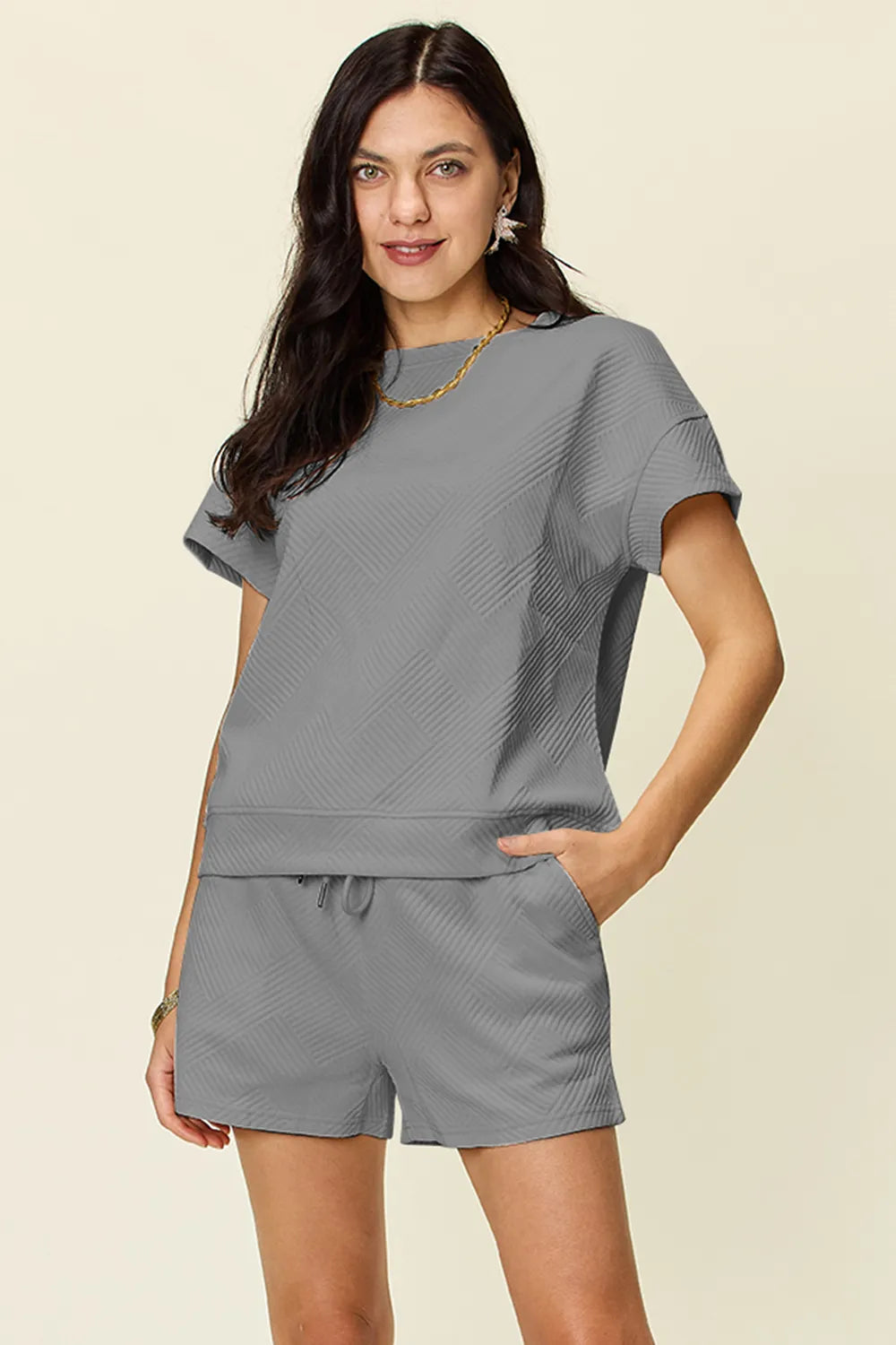 Double Take Full Size Texture Short Sleeve T-Shirt and Drawstring Shorts Set Gray Easy Apparels