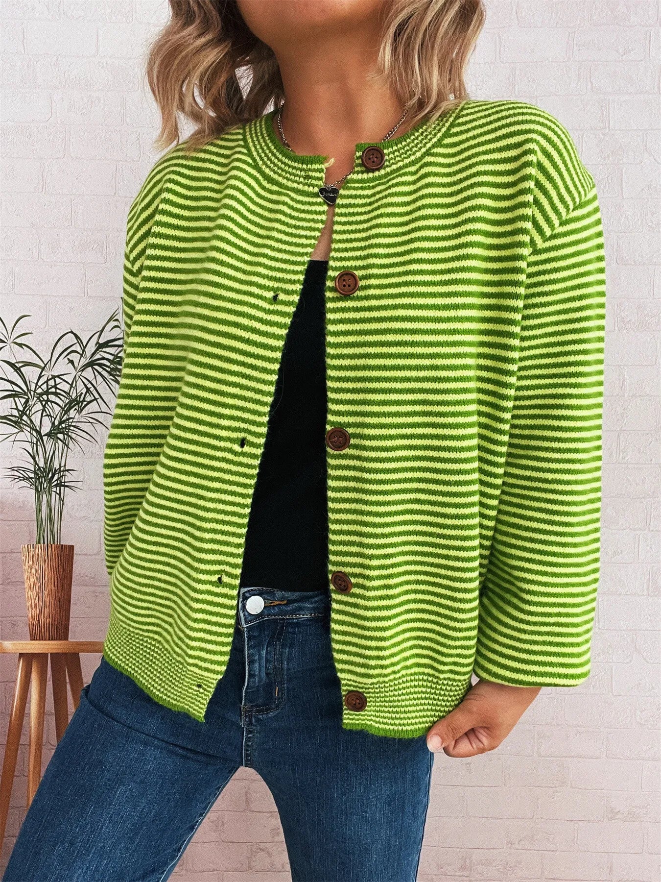 Striped Button Up Long Sleeve Cardigan Easy Apparels
