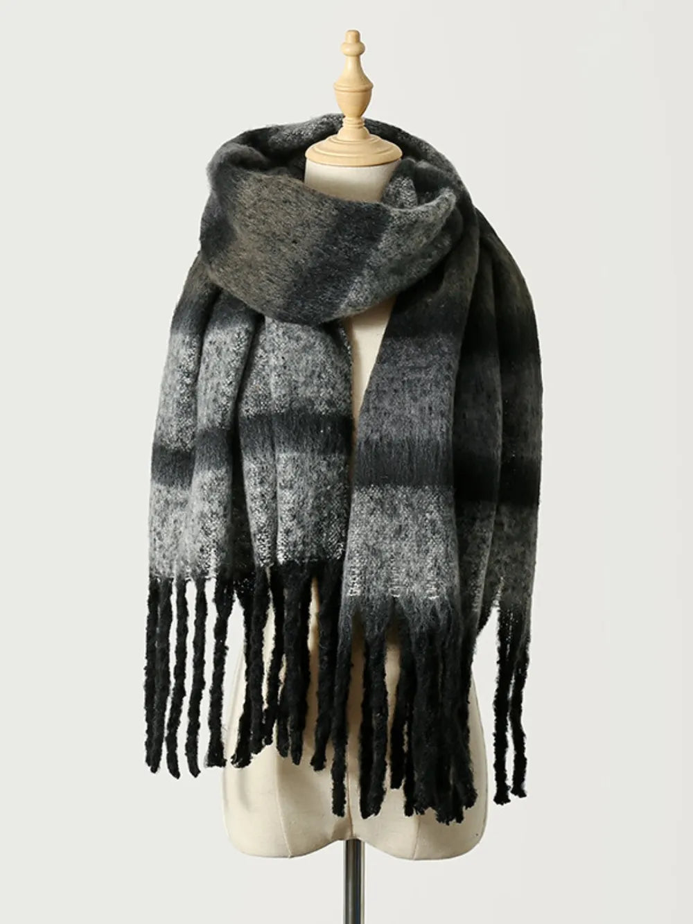 Fringe Color Block Polyester Scarf Black One Size Easy Apparels