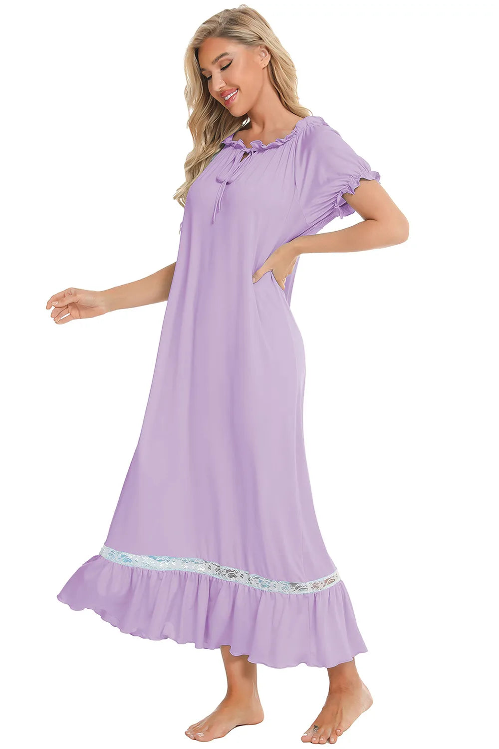 Lace Detail Short Sleeve Lounge Dress Easy Apparels
