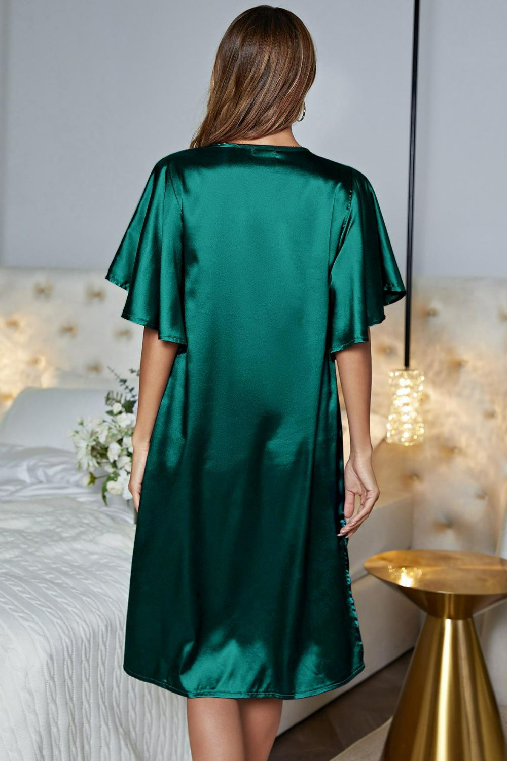 Satin Flutter Sleeve Side Slit V-Neck Night Dress Easy Apparels