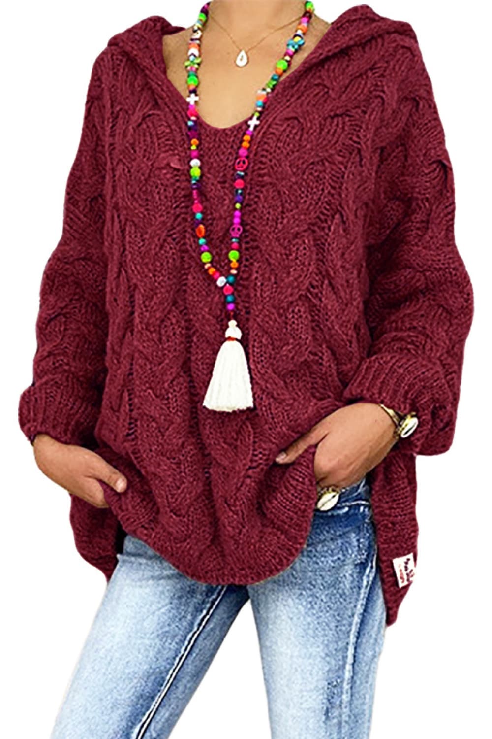 Cable-Knit Hooded Sweater Burgundy Easy Apparels