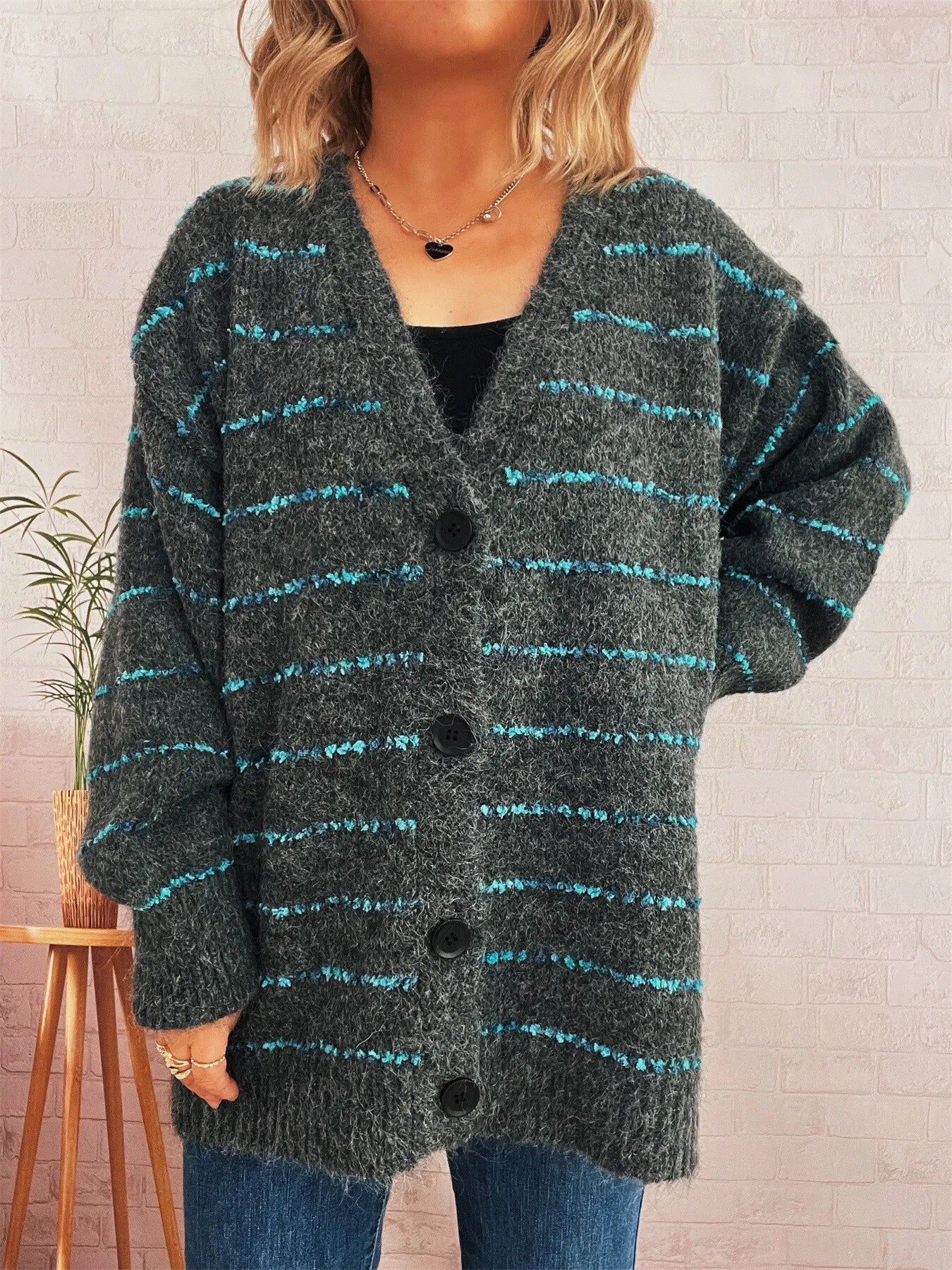 Striped Button-Up Cardigan with V-Neck Design Easy Apparels