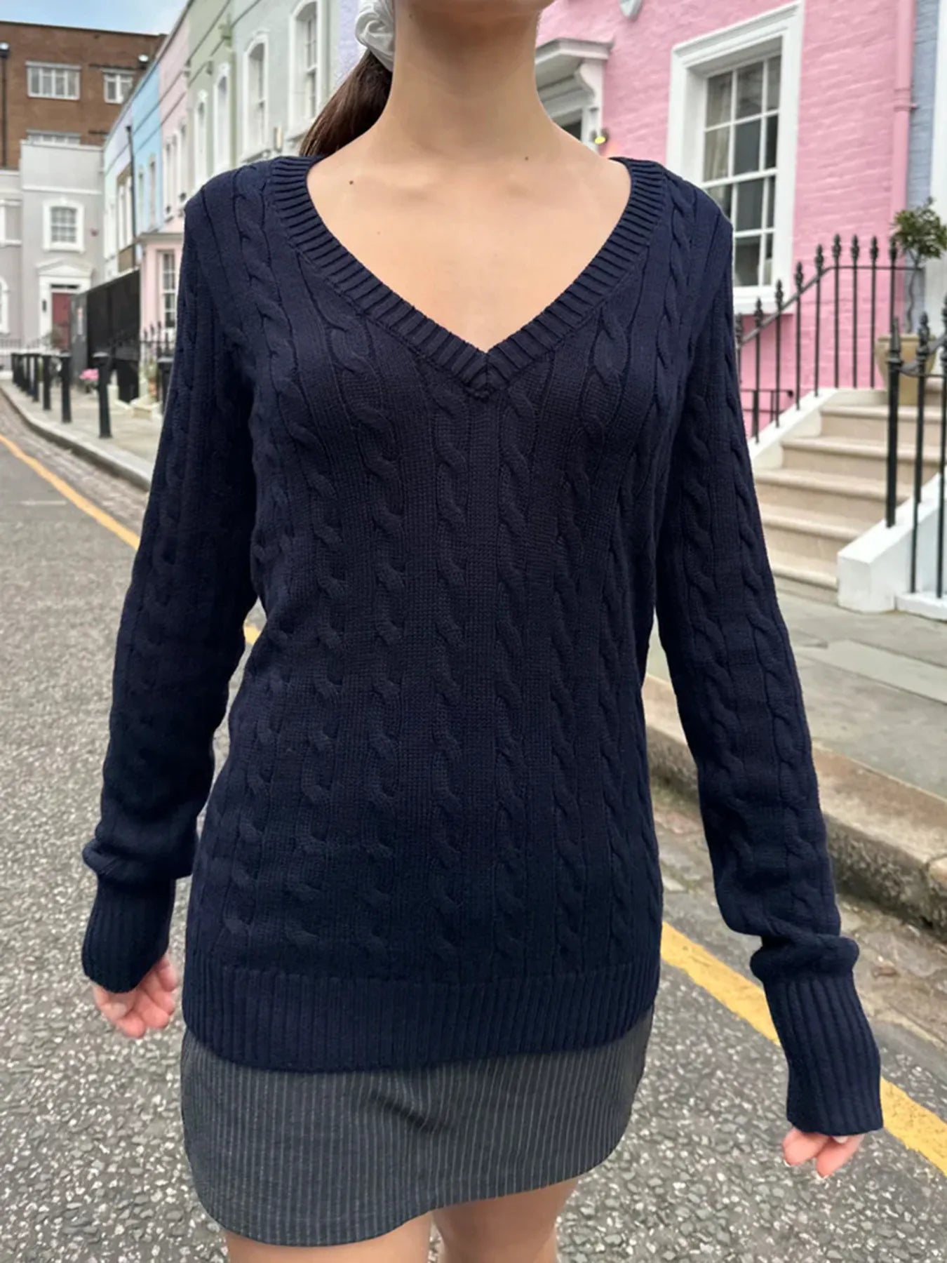 Trendsi Cable Knit V-Neck Sweater Navy