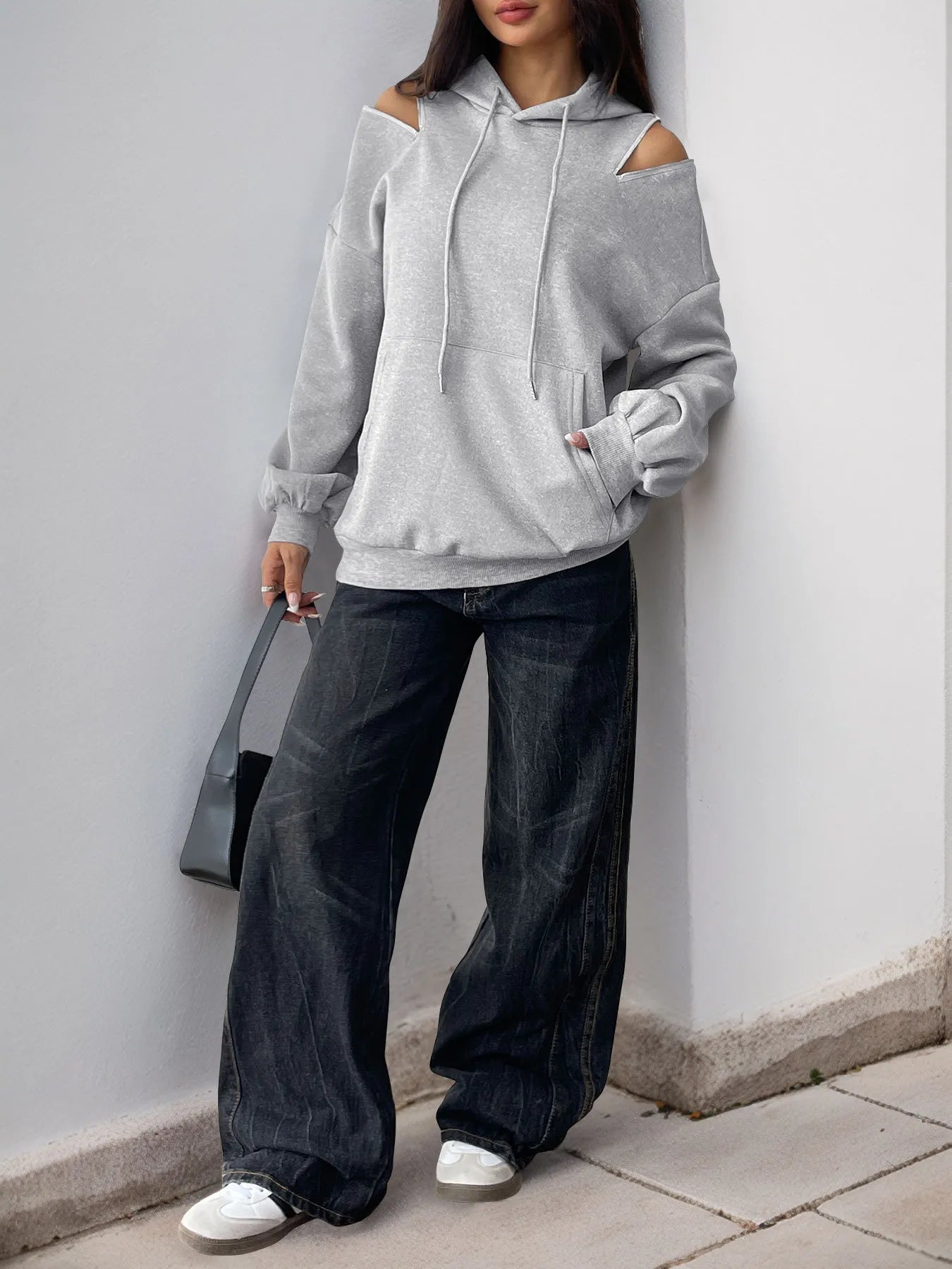 Trendsi Drawstring Zip Detail Cold Shoulder Hoodie