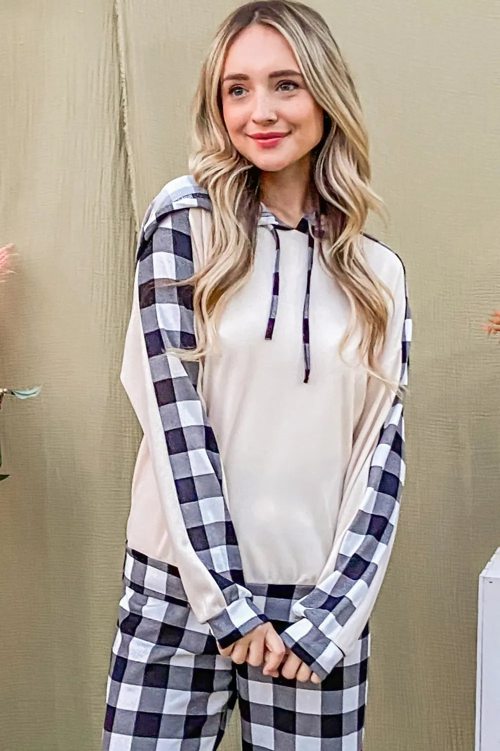 And The Why Drawstring Hooded Top and Plaid Pants Lounge Set Easy Apparels