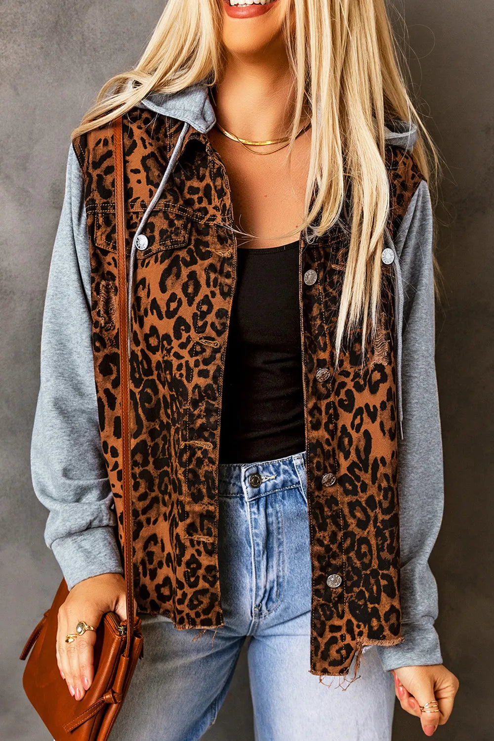 Leopard Distressed Drawstring Hooded Denim Jacket Easy Apparels