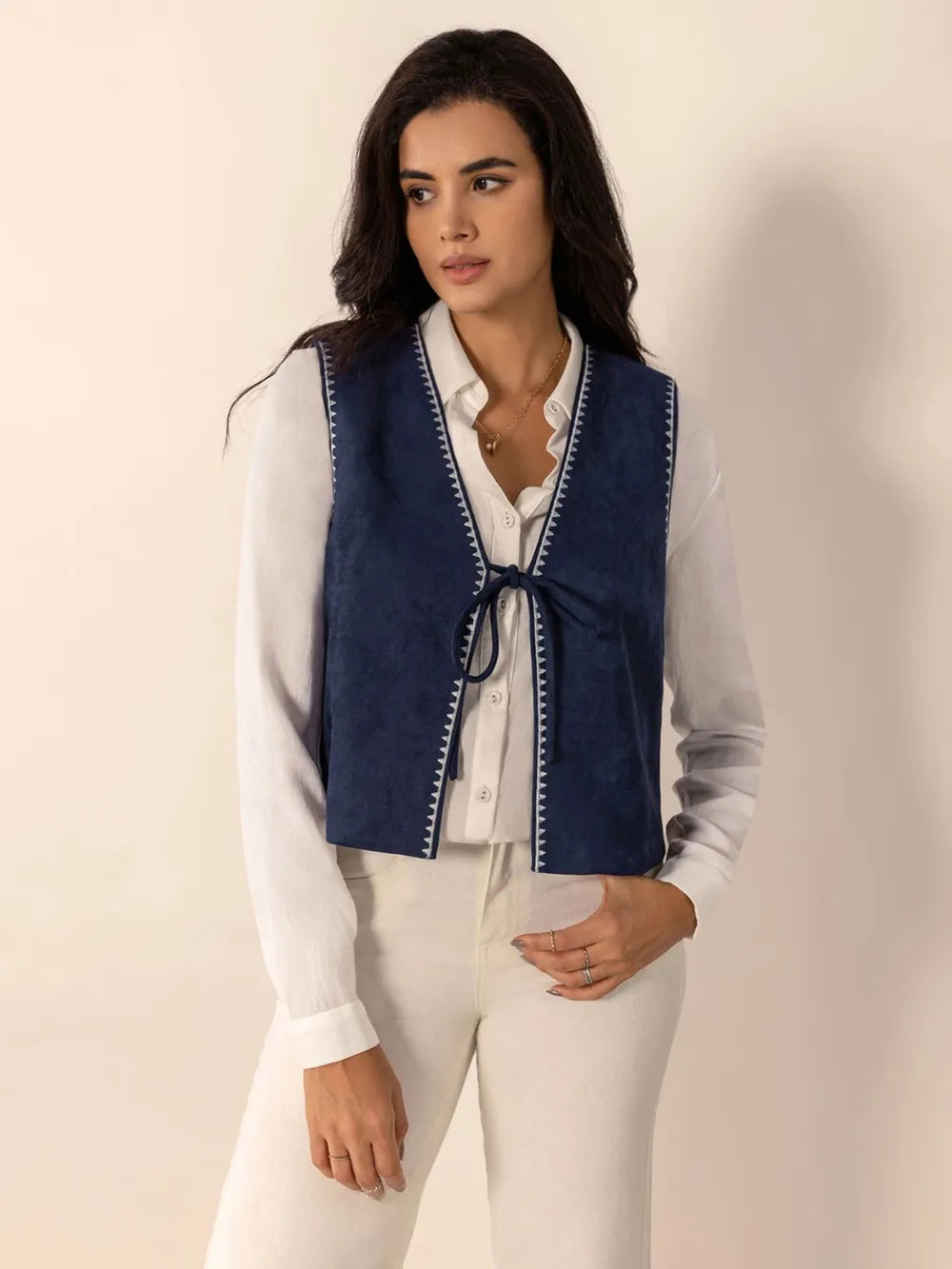 Tied Contrast Trim Vest Easy Apparels