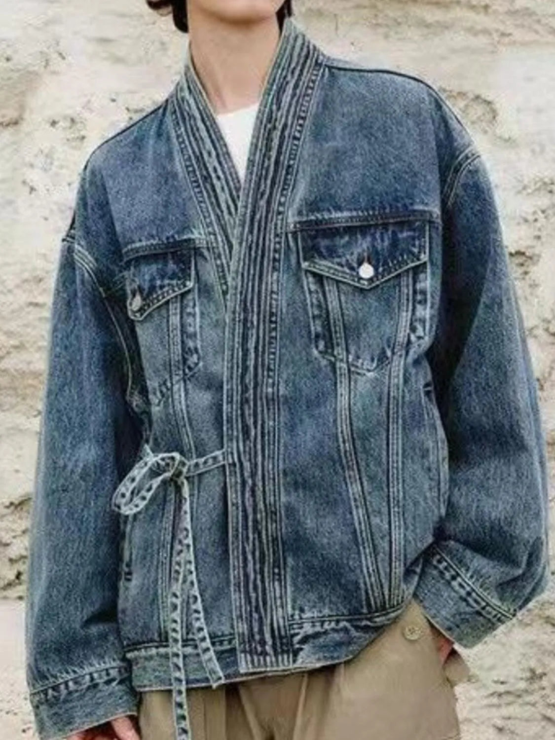 Men's Plus Size Washed Tied Long Sleeve Denim Jacket Easy Apparels