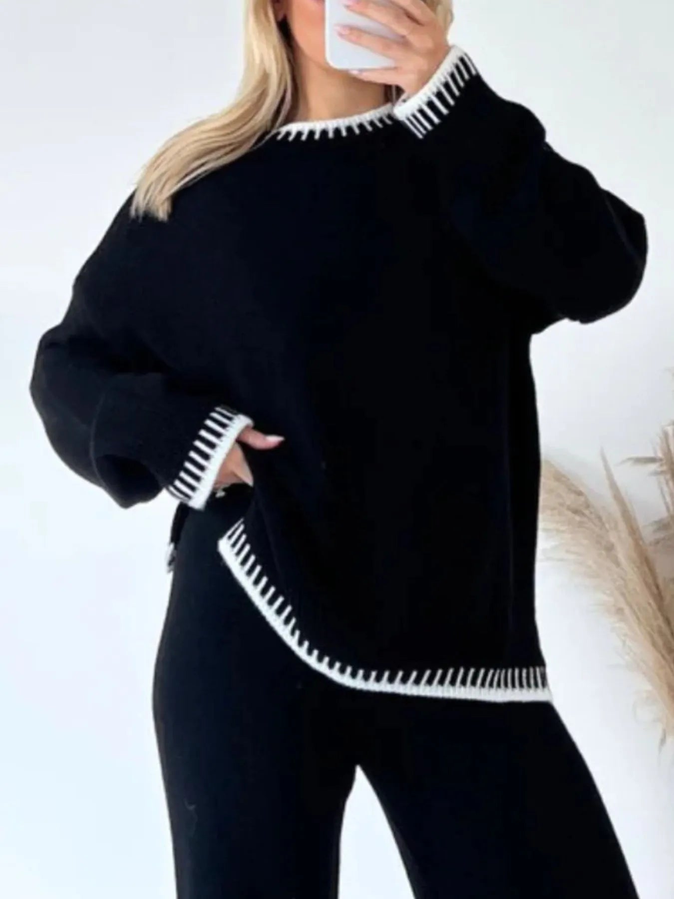 Contrast Trim Round Neck Top and Pants Sweater Set Easy Apparels