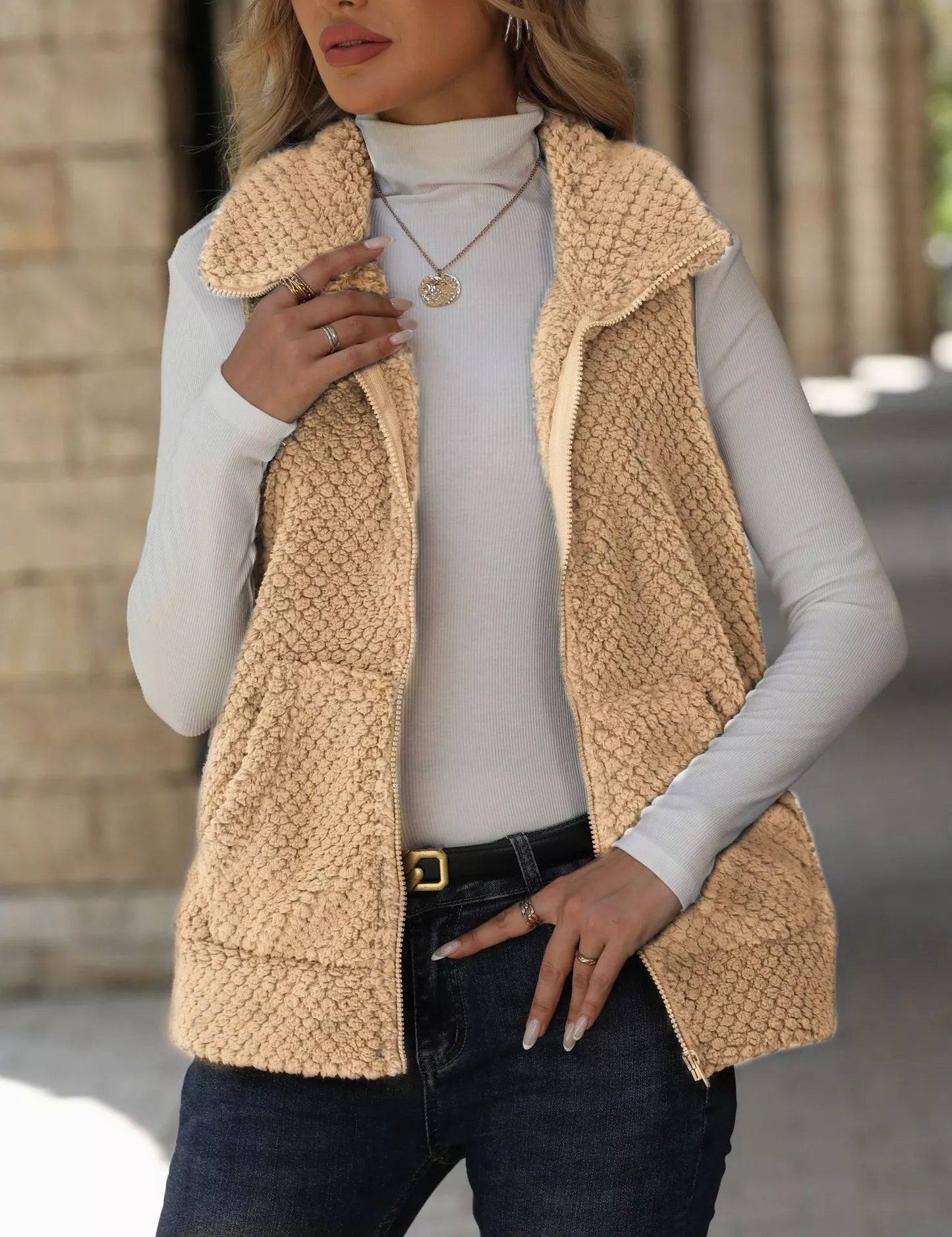 Zip-Up Vest Coat Apricot Easy Apparels