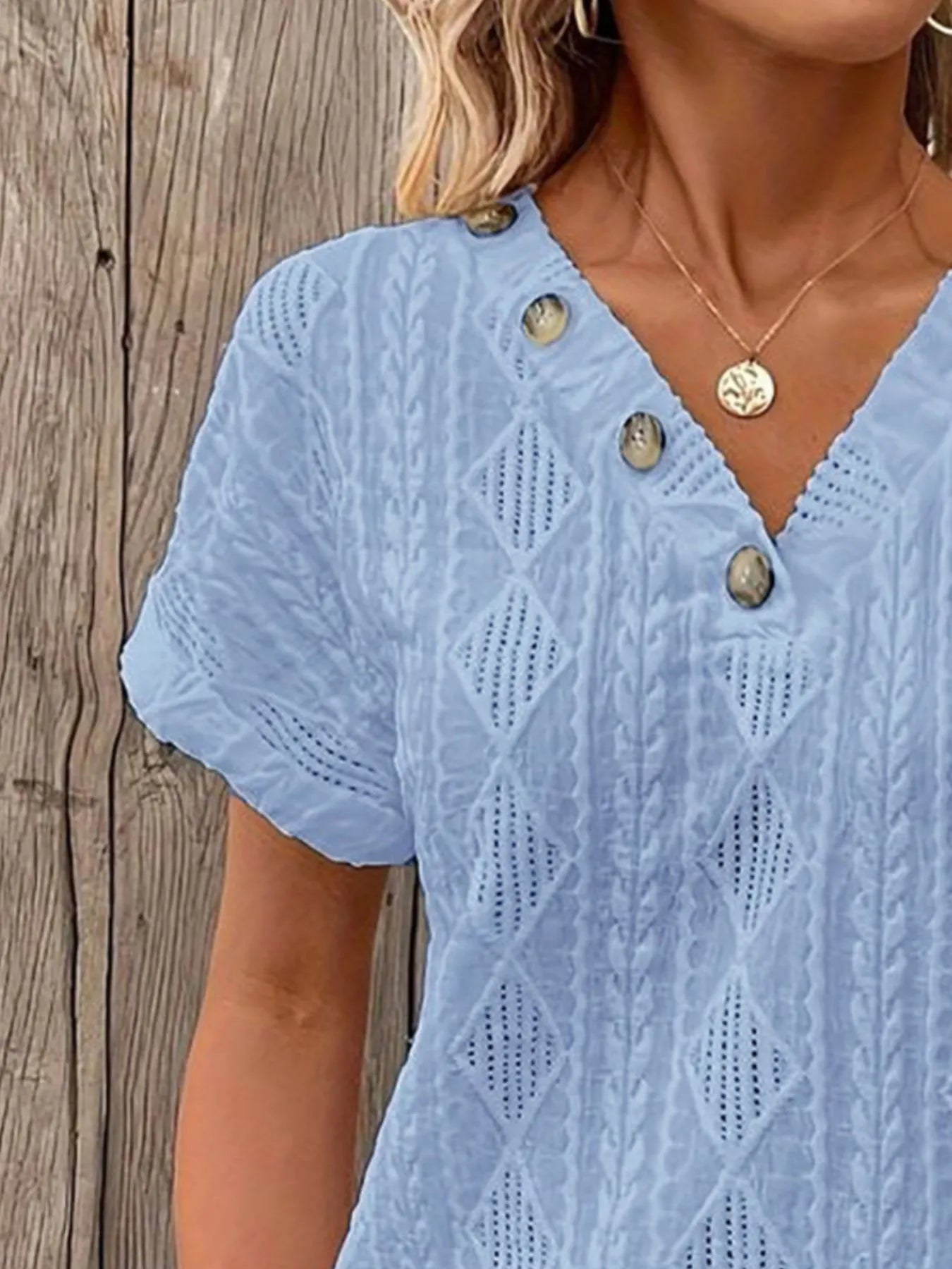 Trendsi Textured V-Neck Short Sleeve Top