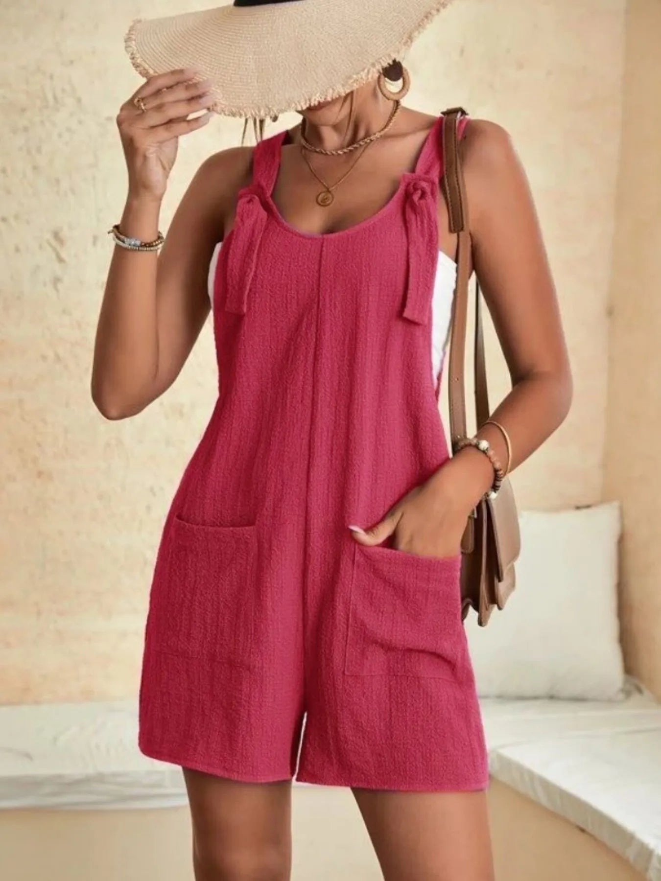 Full Size Knot Strap Romper with Pockets Plus Size Easy Apparels