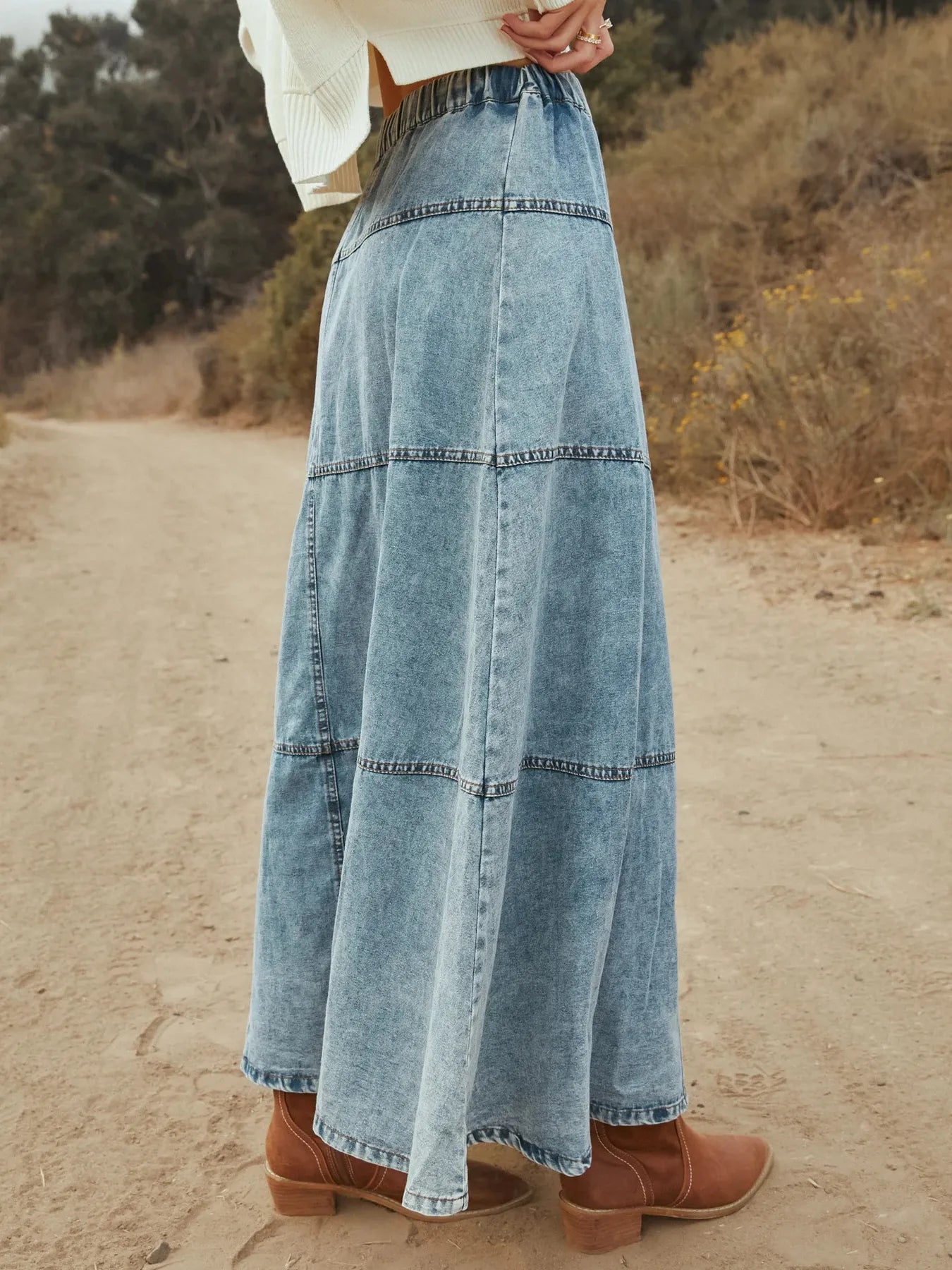 Button-Front Tiered Maxi Denim Skirt Easy Apparels