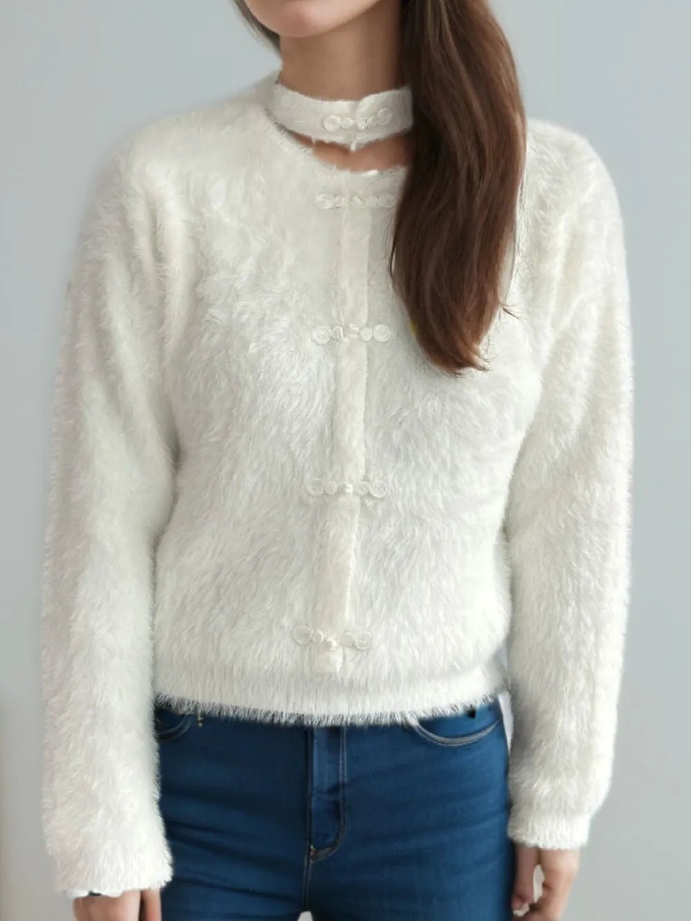 Cutout Knot Button Long Sleeve Cardigan White One Size Easy Apparels