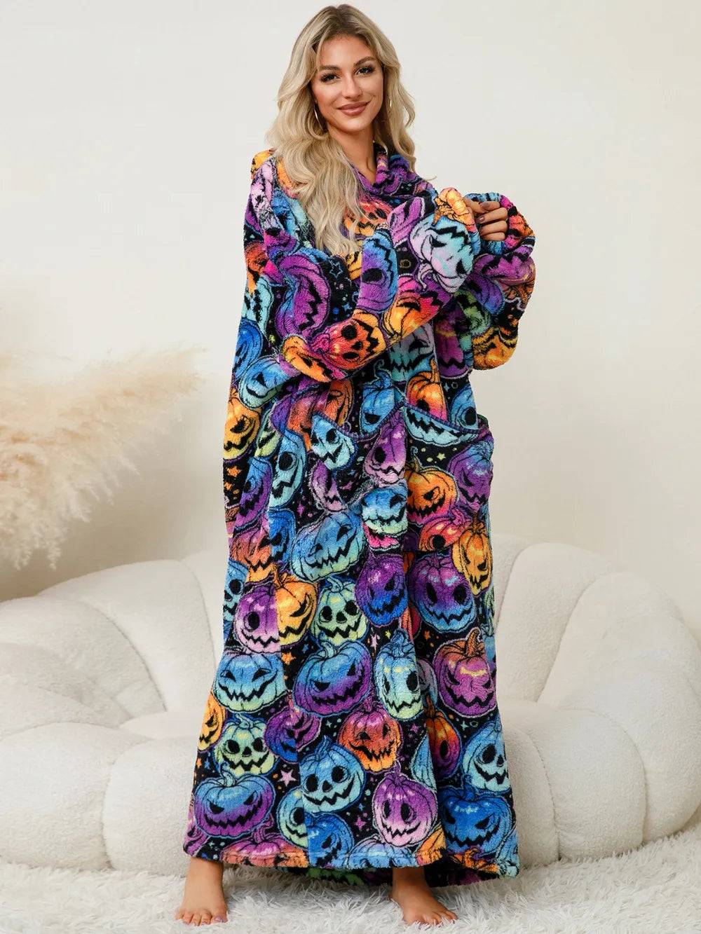 Fuzzy Pocketed Long Sleeve Hooded Lounge Dress Easy Apparels