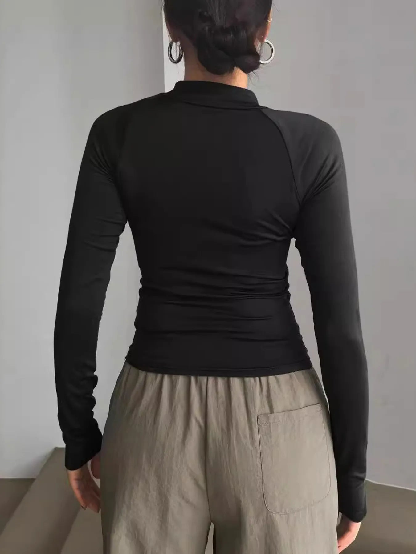 Trendsi Long Sleeve Zip Front Fitted T-Shirt