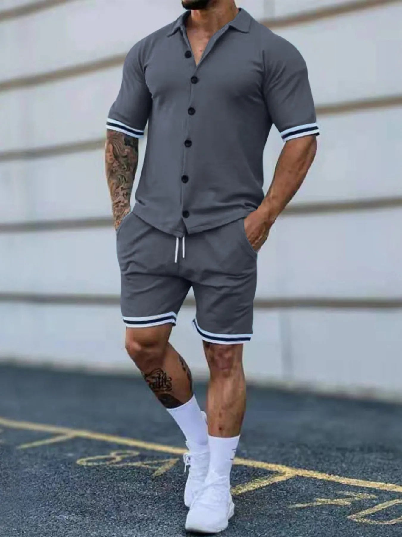 Men's Full Size Striped Hem Button Up Top and Shorts Set Plus Size Grey Easy Apparels
