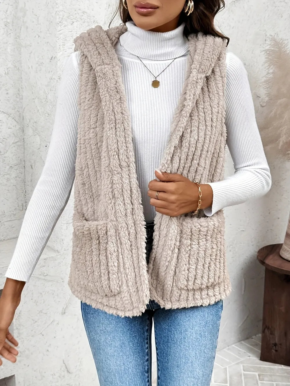 Fuzzy Hooded Vest with Pockets Easy Apparels