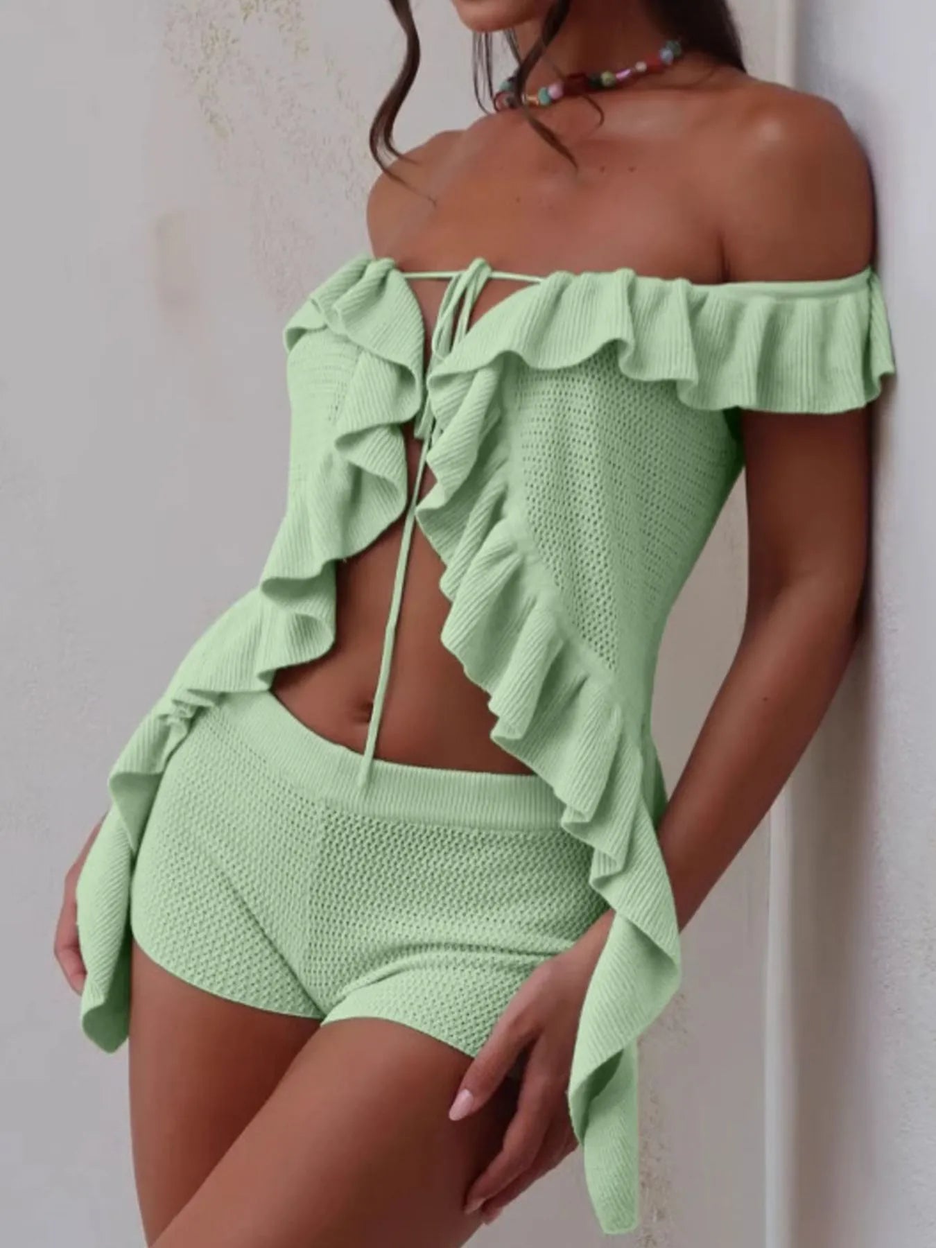 Off-Shoulder Ruffle Top and Shorts Sweater Set Easy Apparels