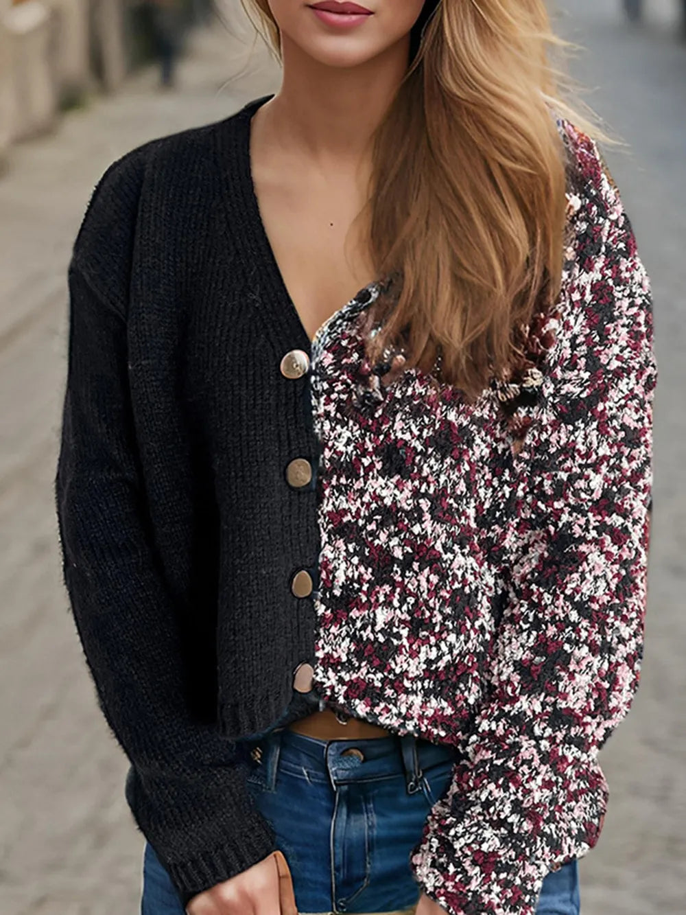 Contrast Button Up V-Neck Cropped Cardigan Easy Apparels