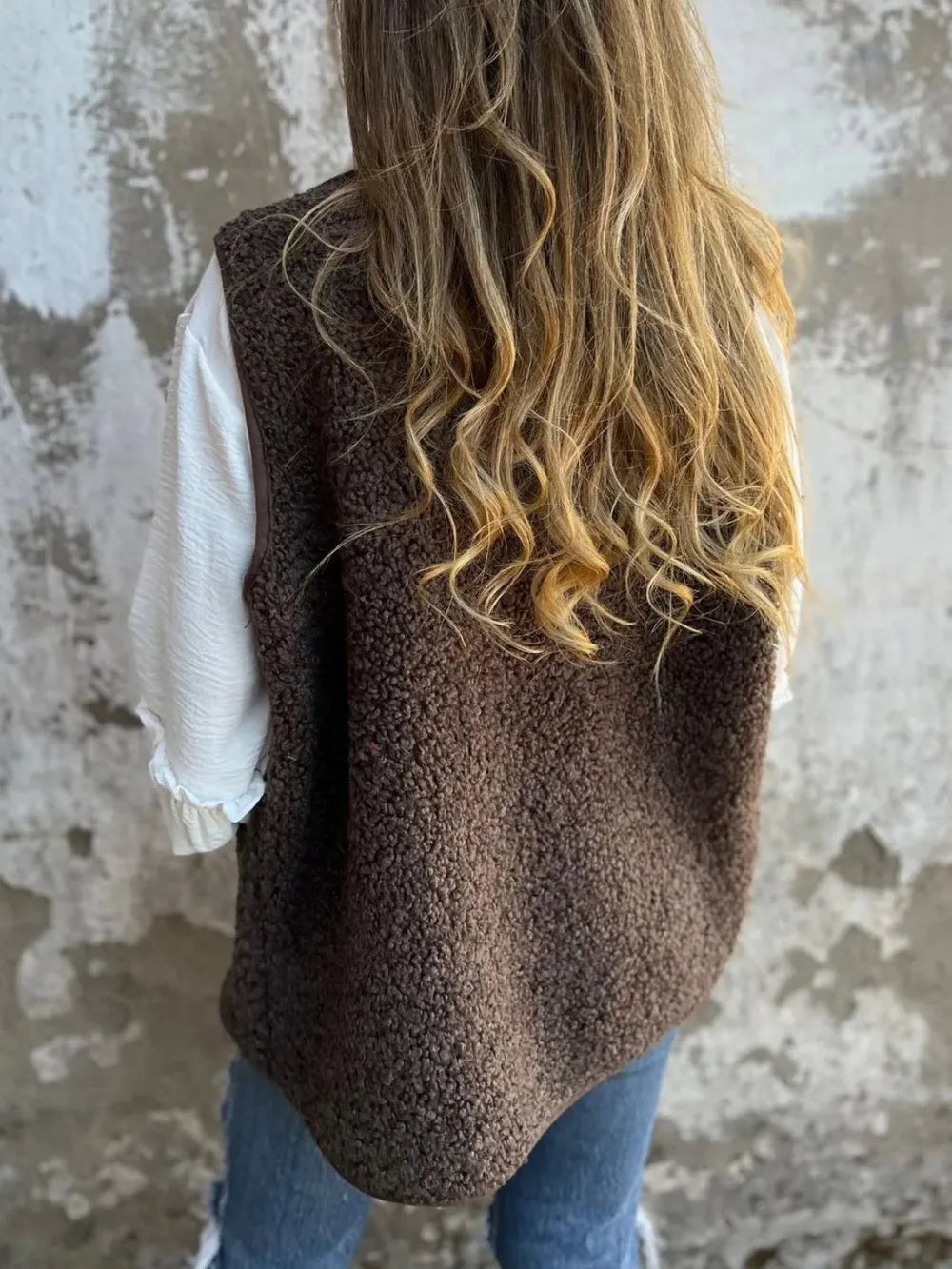 Full Size Pocketed Button Up V-Neck Sherpa Vest Easy Apparels