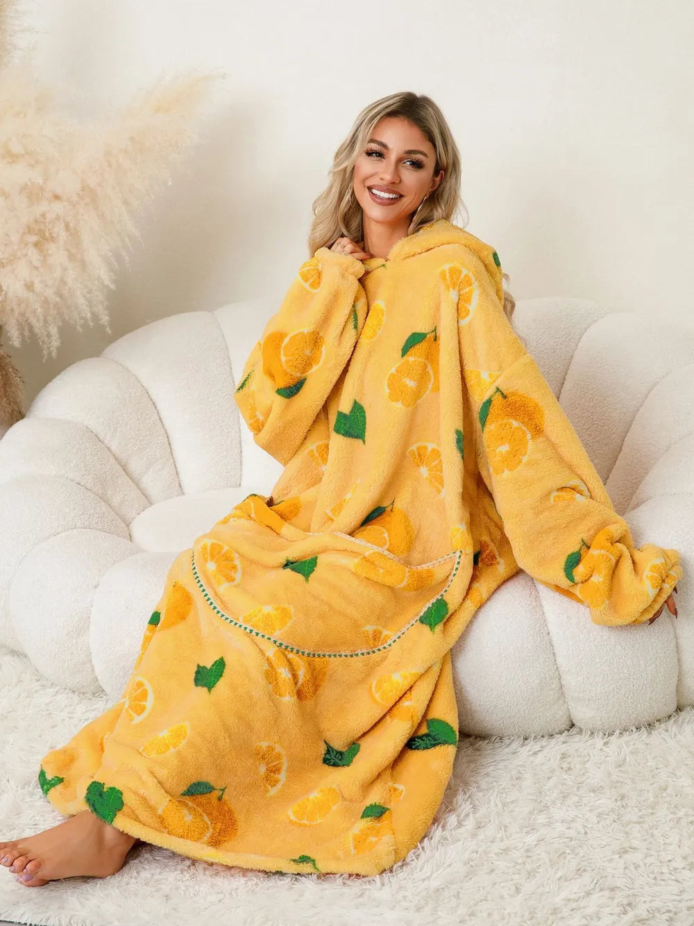 Fuzzy Pocketed Long Sleeve Hooded Lounge Dress Easy Apparels